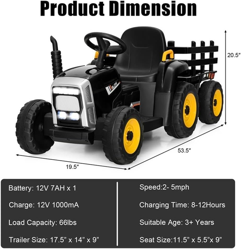 Pemberly Row 12V Kids Ride On Tractor with Trailer Ground Loader Black