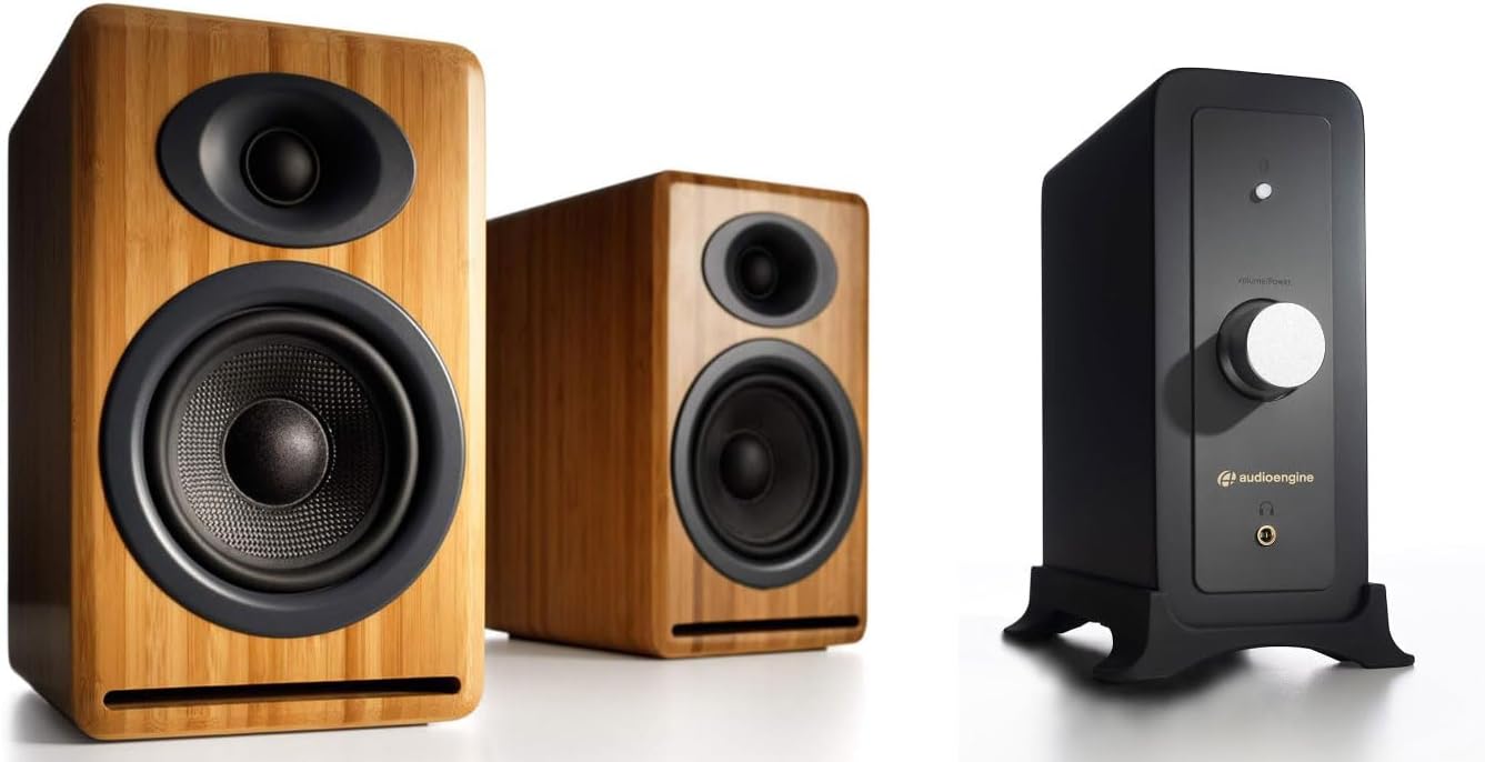 Audioengine P4 Bamboo Passive Bookshelf Speakers with N22 100 Watt Bluetooth Desktop Amplifier
