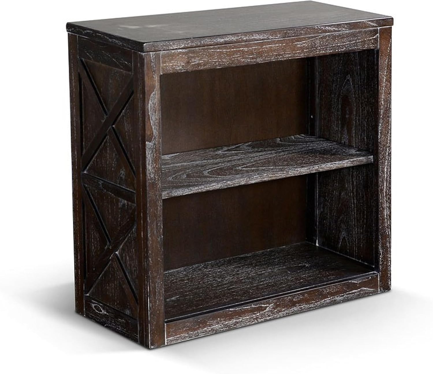 Benzara Sofi Small Bookcase- X Cross Panels- 2 Shelves- Dark Brown Veneer