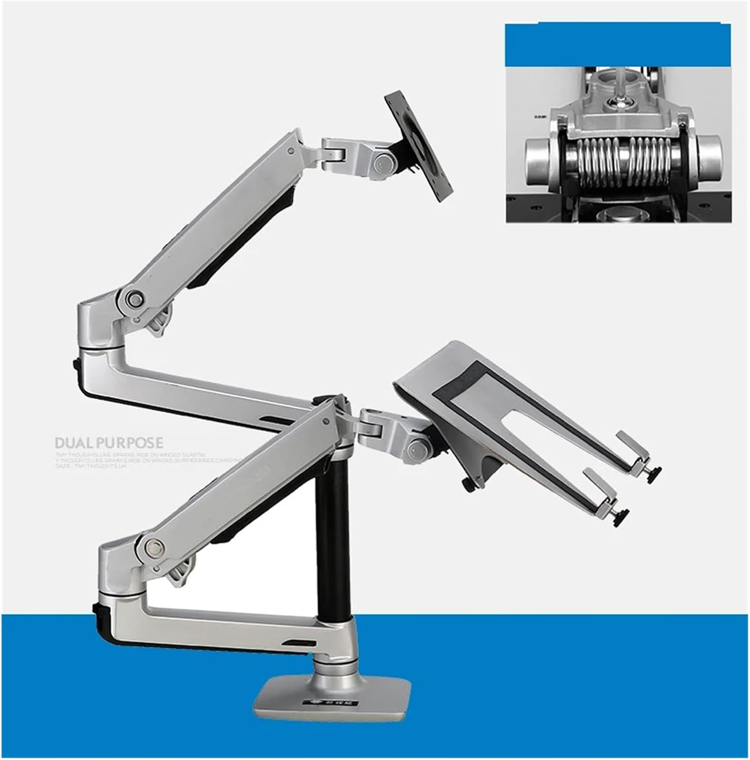 Desktop full-motion 17-32-inch monitor stand + 10-17-inch laptop stand with mechanical spring arms and a maximum load-bearing capacity of 10 kg(Silver 17cm pole)