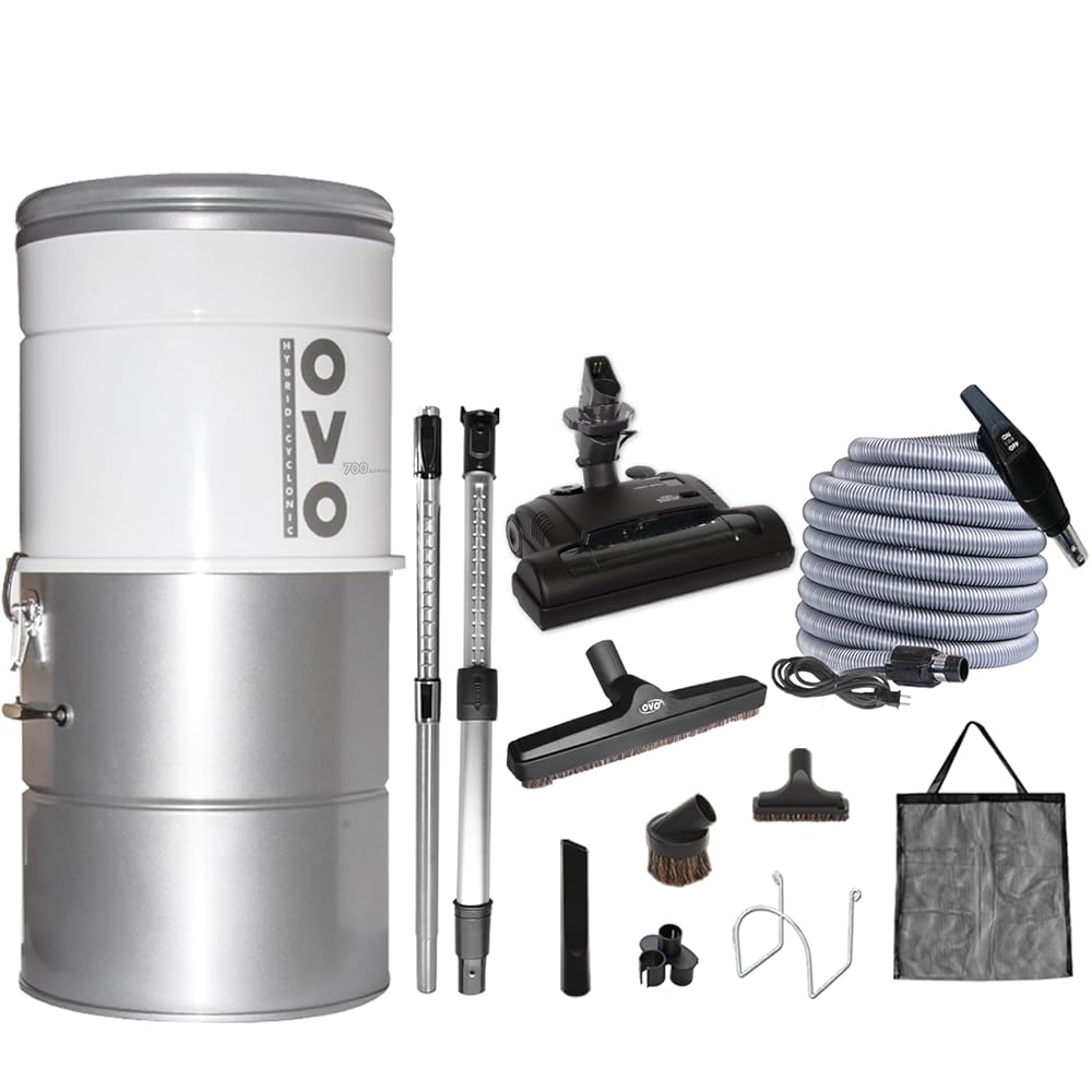 OVO 750 Airwatts Heavy Duty Powerful Central Vacuum System, Hybrid Filtration (with or Without Disposable Bags) 25L or 6.6Gal, 40ft Carpet Deluxe Accessory kit Included