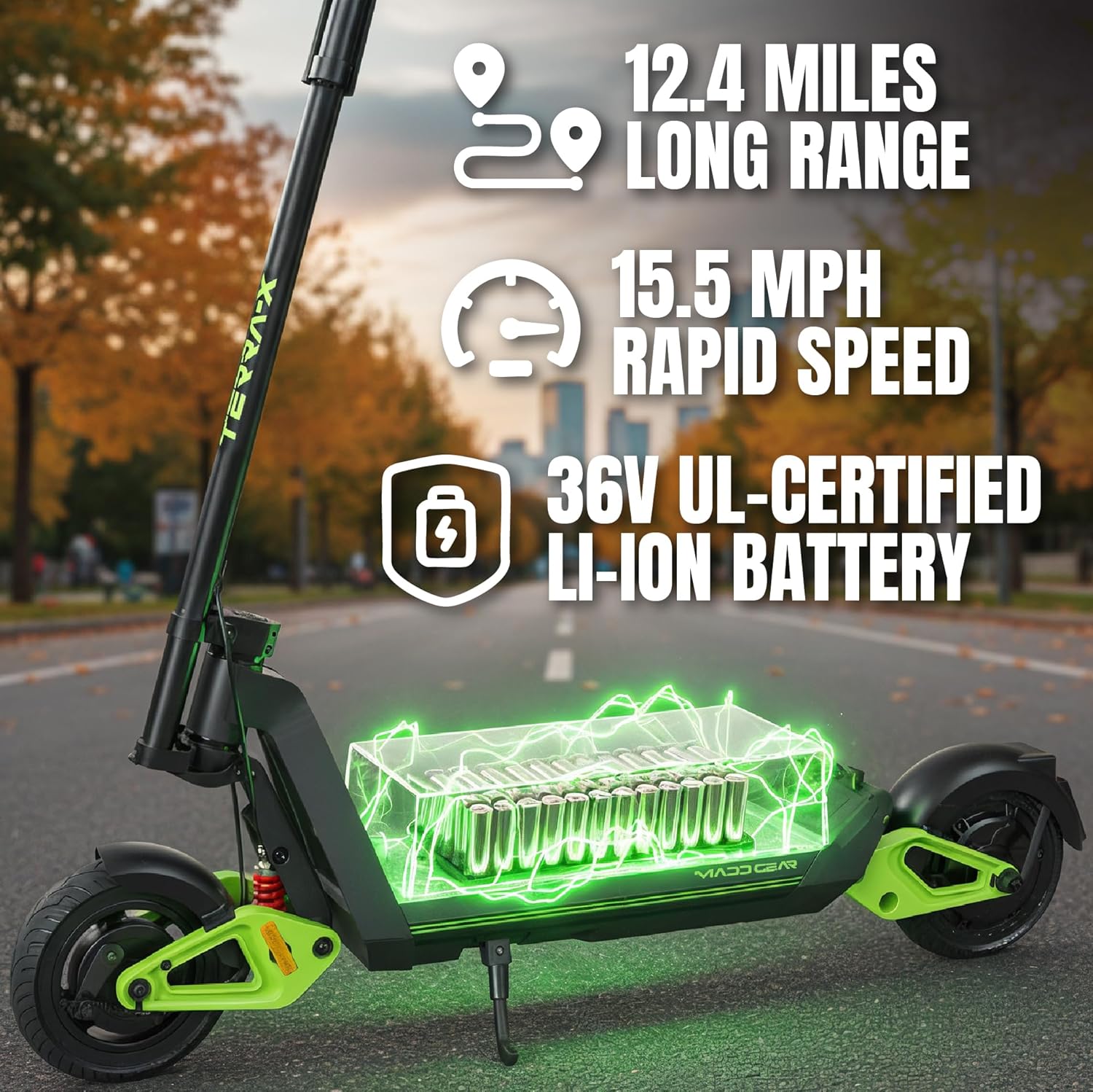 Electric Scooter for Teens and Adults – Up to 15.5 MPH, 12.4 Mile Range, Suspension, Folding Frame – Lightweight & Affordable E-Scooter with Solid 8” Tires – Madd Gear Terra-X