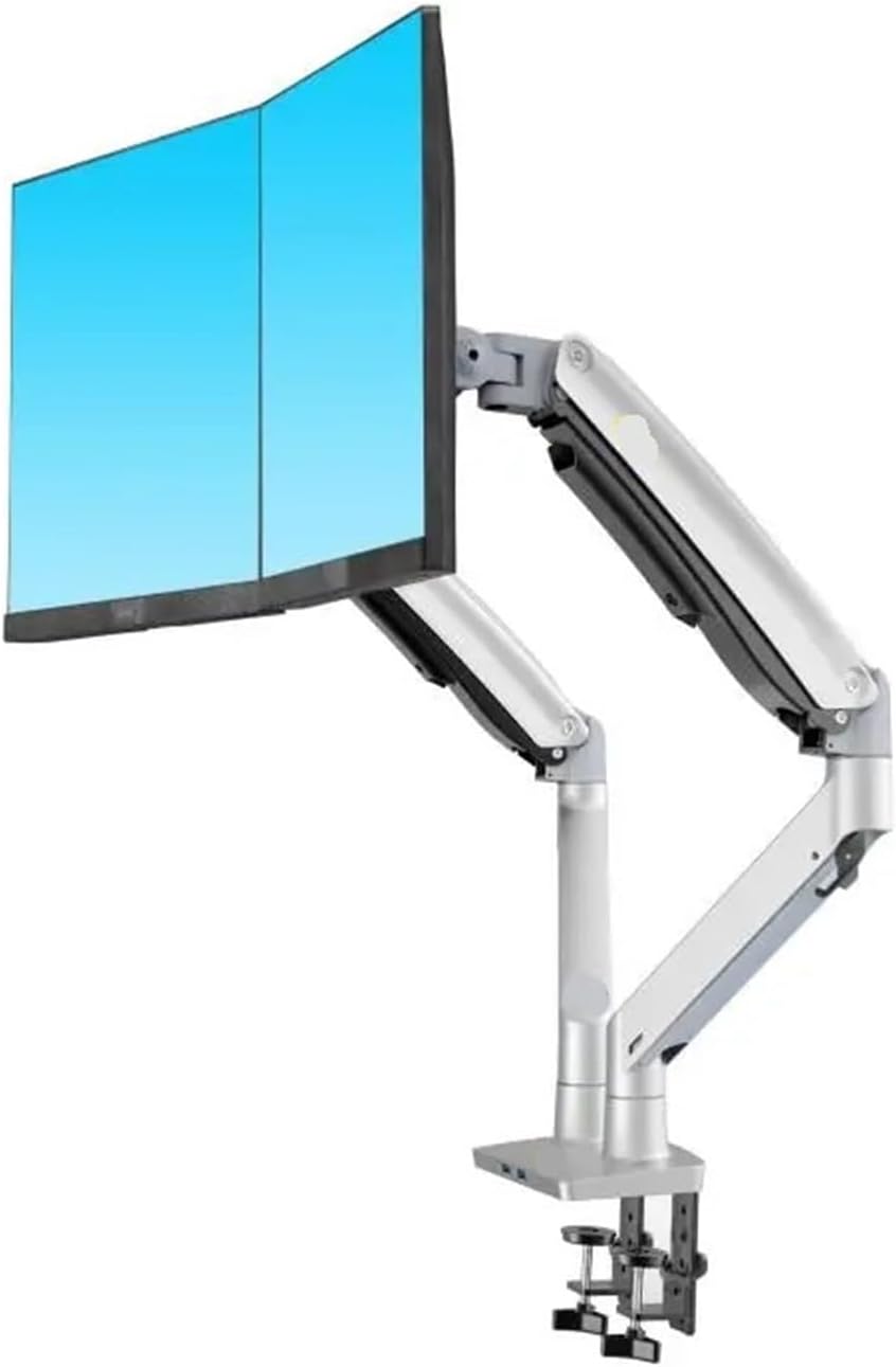 F195A Aluminum Alloy 22-32 Inch Dual LCD LED Monitor Mounting Gas Spring Arm Full Motion Monitor Stand with 2 USB Ports(Color:Silver)