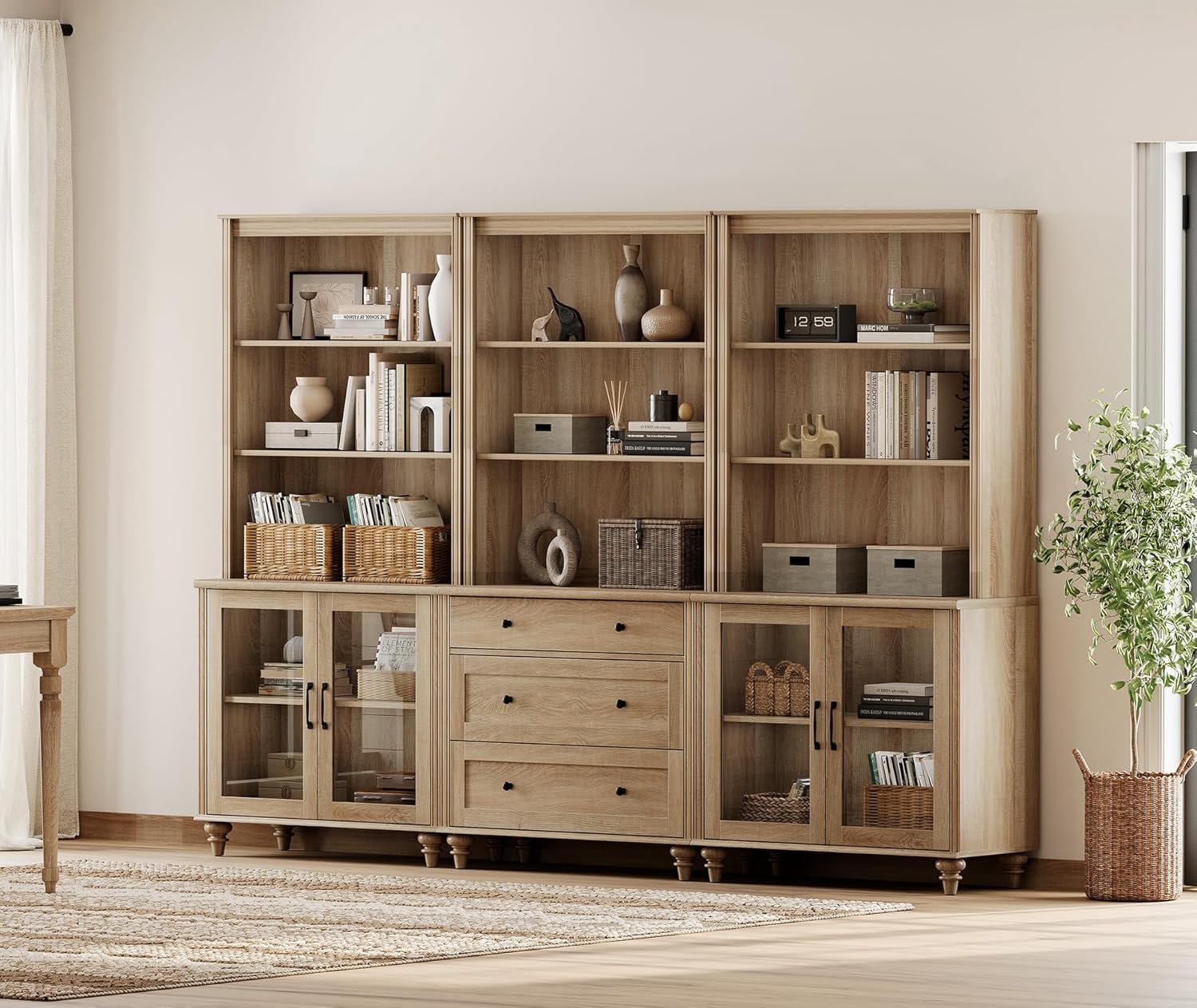 WAMPAT Oak Bookcase with Glass Doors & Drawers Set of 3, 5 Tier Bookshelf, 72'' Tall Book Case Shelf, Large Wood Bookcases Farmhouse Bookshelves for Living Room Bedroom Home Office Kitchen