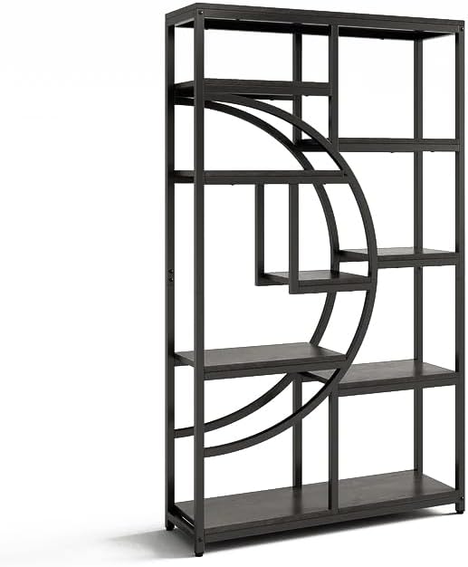 Modern Half-Moon Bookshelf, 69 Inch Industrial Bookcase with 8 Shelves, Available in Rustic Brown & Black, Gold & White, Multiple Colors (Rustic Gray & Black)