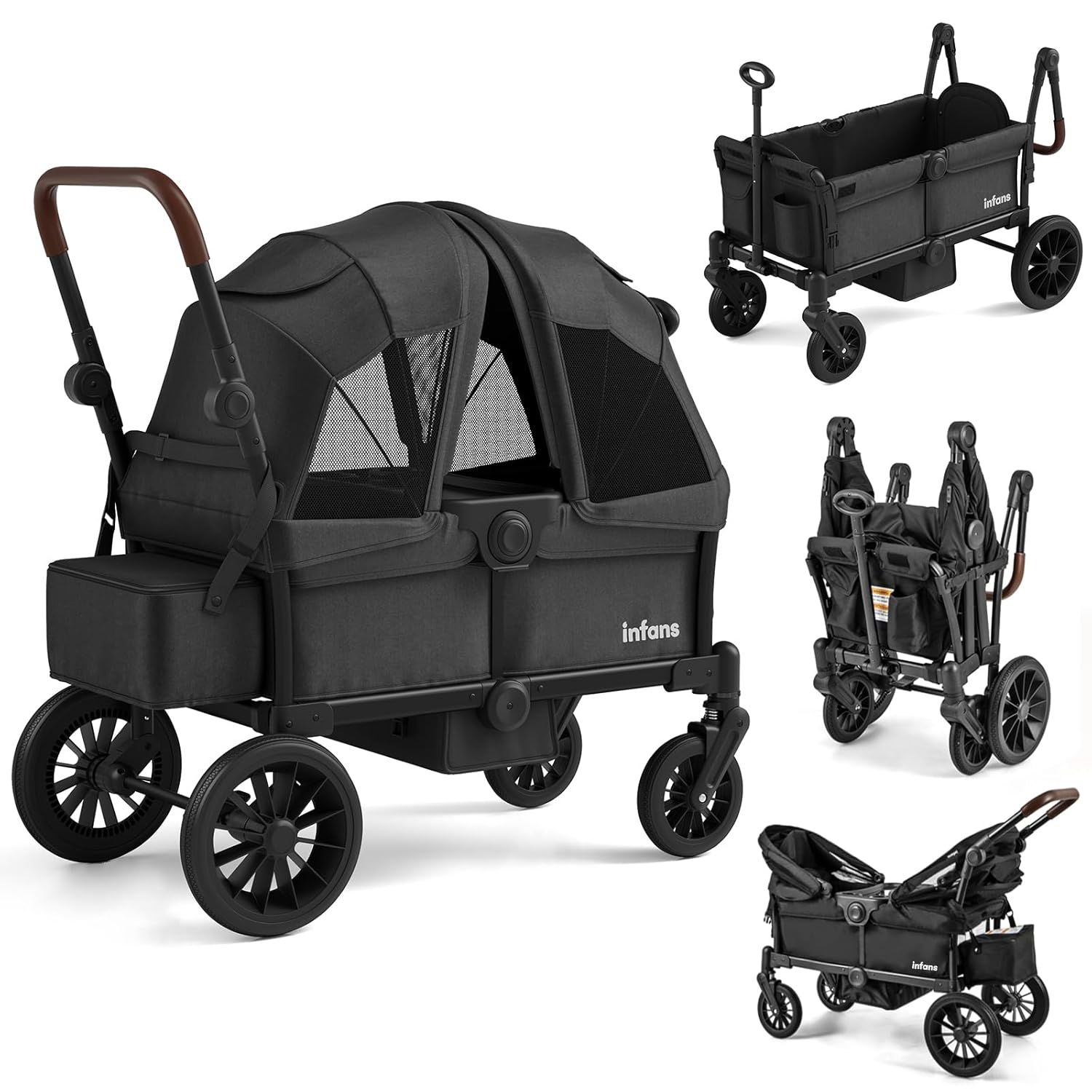 INFANS Wagon Stroller for 2 Kids, Collapsible Adjustable Push Pull Handle Bar, 2 Seater Stroller Wagon with Removable Canopy Snack Tray, Comfortable Drop-Down footwell and Upholstered Seats