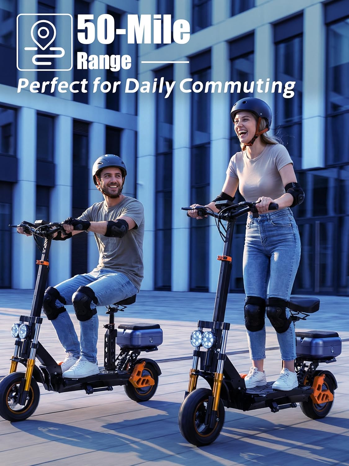 Electric Scooter for Adults with Seat & Storage Box, 50 Miles Range, 31-34 MPH,1600W Motor, Hydraulic Suspension, Foldable