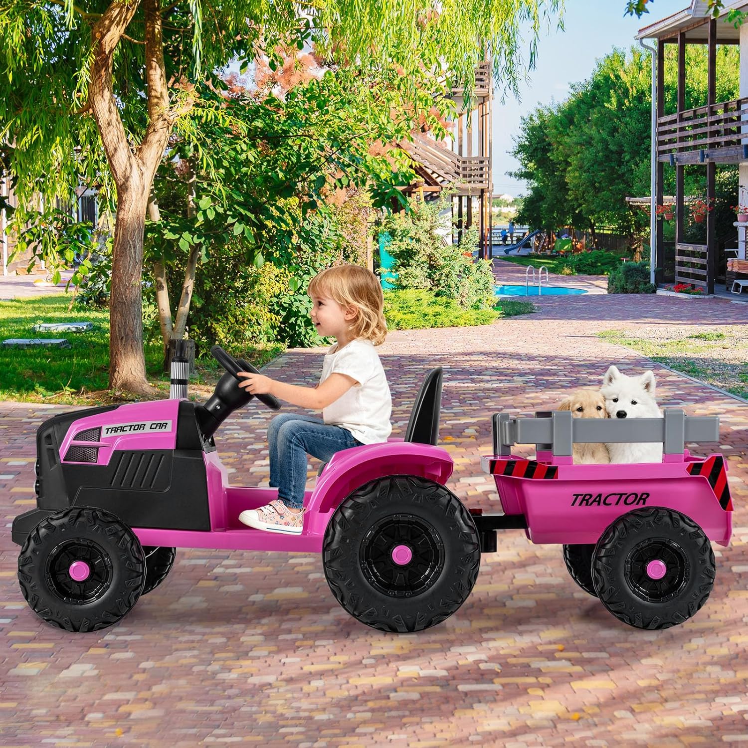 GLACER 24V Ride On Tractor, Kids Battery Powered Vehicles with Detachable Trailer, Dual Motors, Remote Control, Soft Start & Wireless, Ride On Car for Kids 3-8 Years, Grassland, Backyard (Pink)