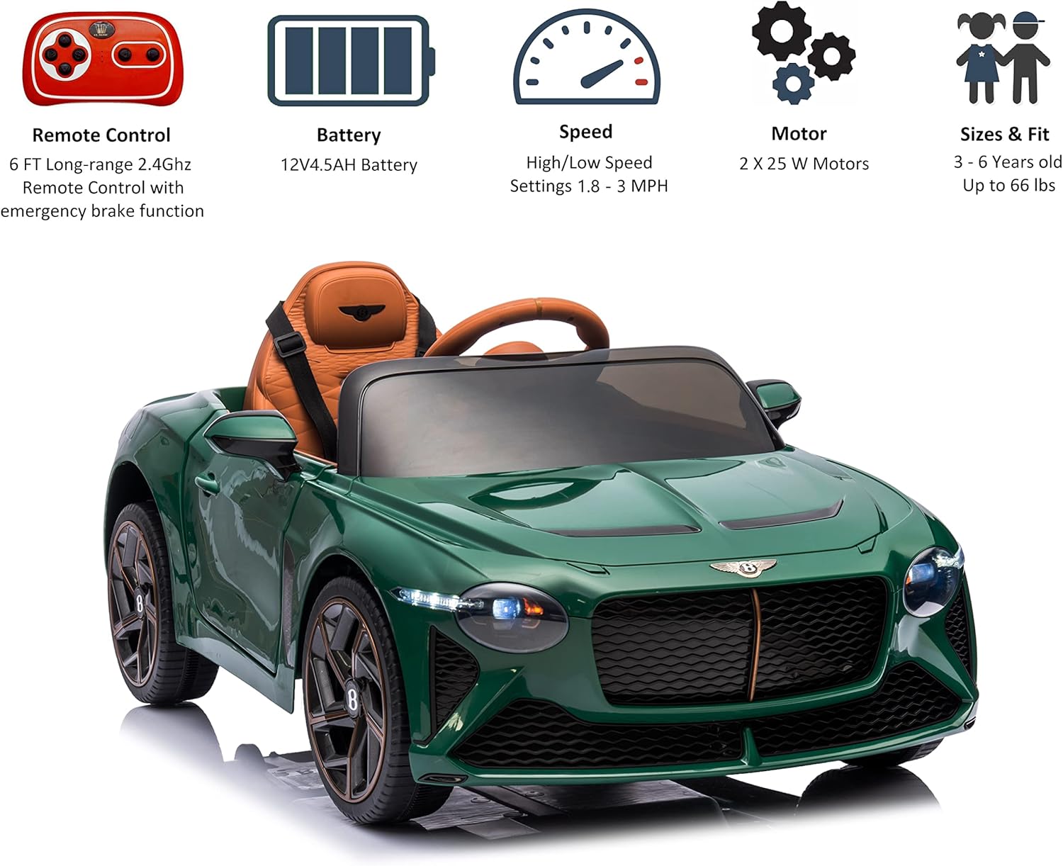 Licensed Bentley Bacalar Kids Ride on Toy Car, 12V Rechargeable Battery Powered Children Electric 4 Wheels w/Parental Remote Control, Foot Pedal, 2 Speeds, Music, LED Headlights (Green)