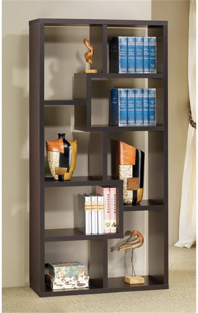BOWERY HILL 10-Shelf Geometric Asymmetrical Bookcase in Cappuccino