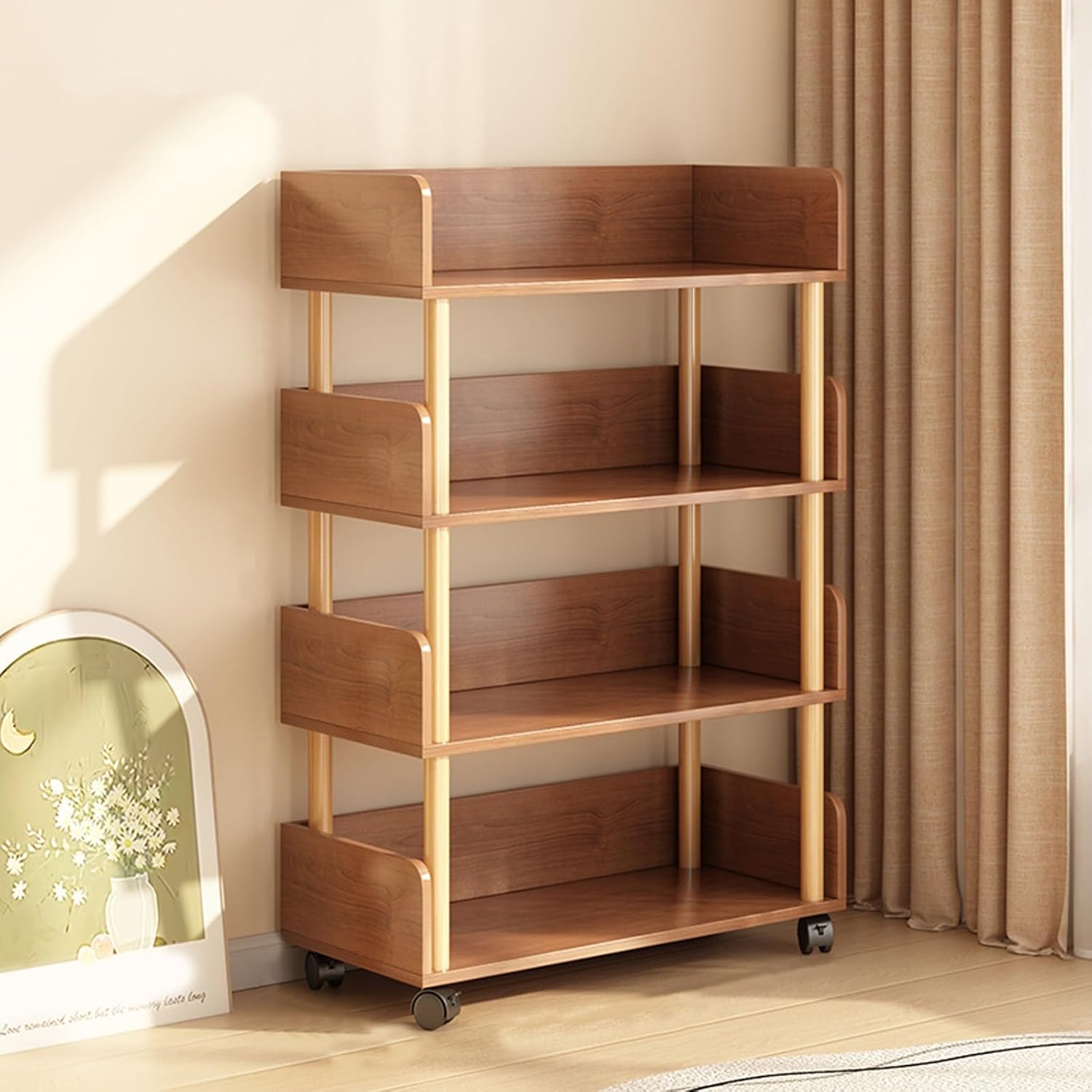 Mobile Bookshelf with Wheels, 4-Tier Wooden Open Bookcase, Floor Standing Organizer Rack, Rolling Storage Shelf for Living Room/Bedroom/Kitchen/Study Room (Brown)