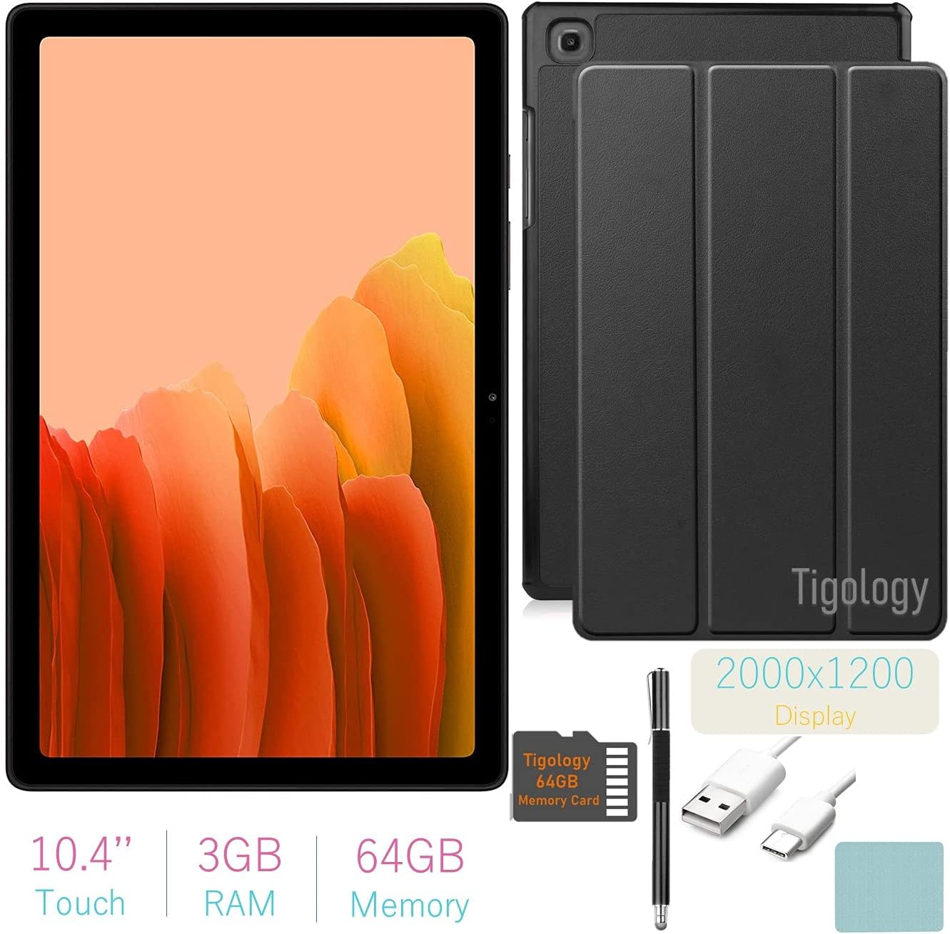 Samsung 2020 Galaxy Tab A7 10.4’’ (2000x1200) TFT Display Wi-Fi Tablet Bundle, Qualcomm Snapdragon 662, 3GB RAM, Bluetooth, Dolby Atmos Audio, Android 10 OS w/Tigology Accessories (64GB, Gold)