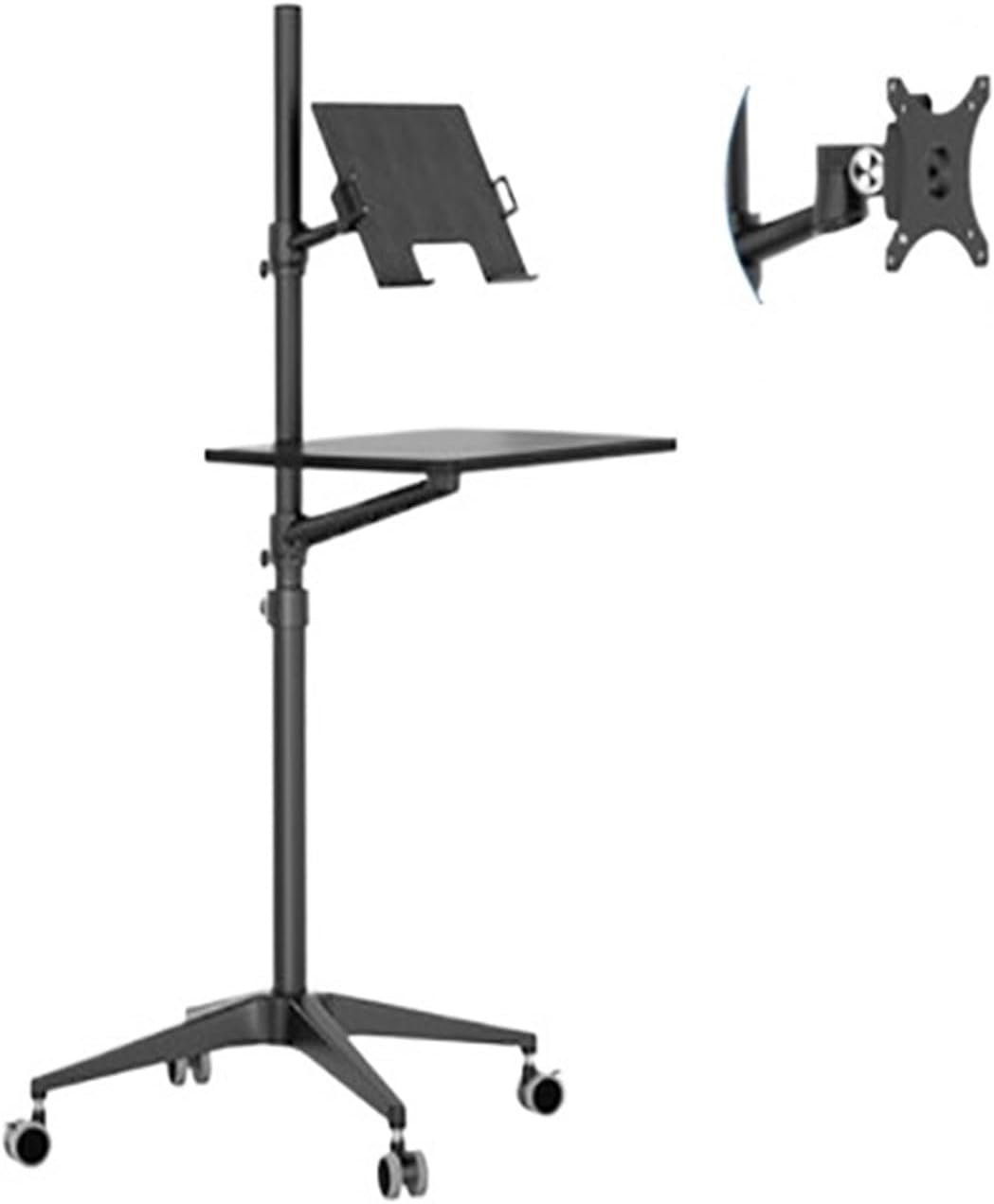 Aluminum alloy UT-2 full motion 2-in-1 laptop floor stand monitor keyboard support frame height adjustable mobile laptop table(Black)