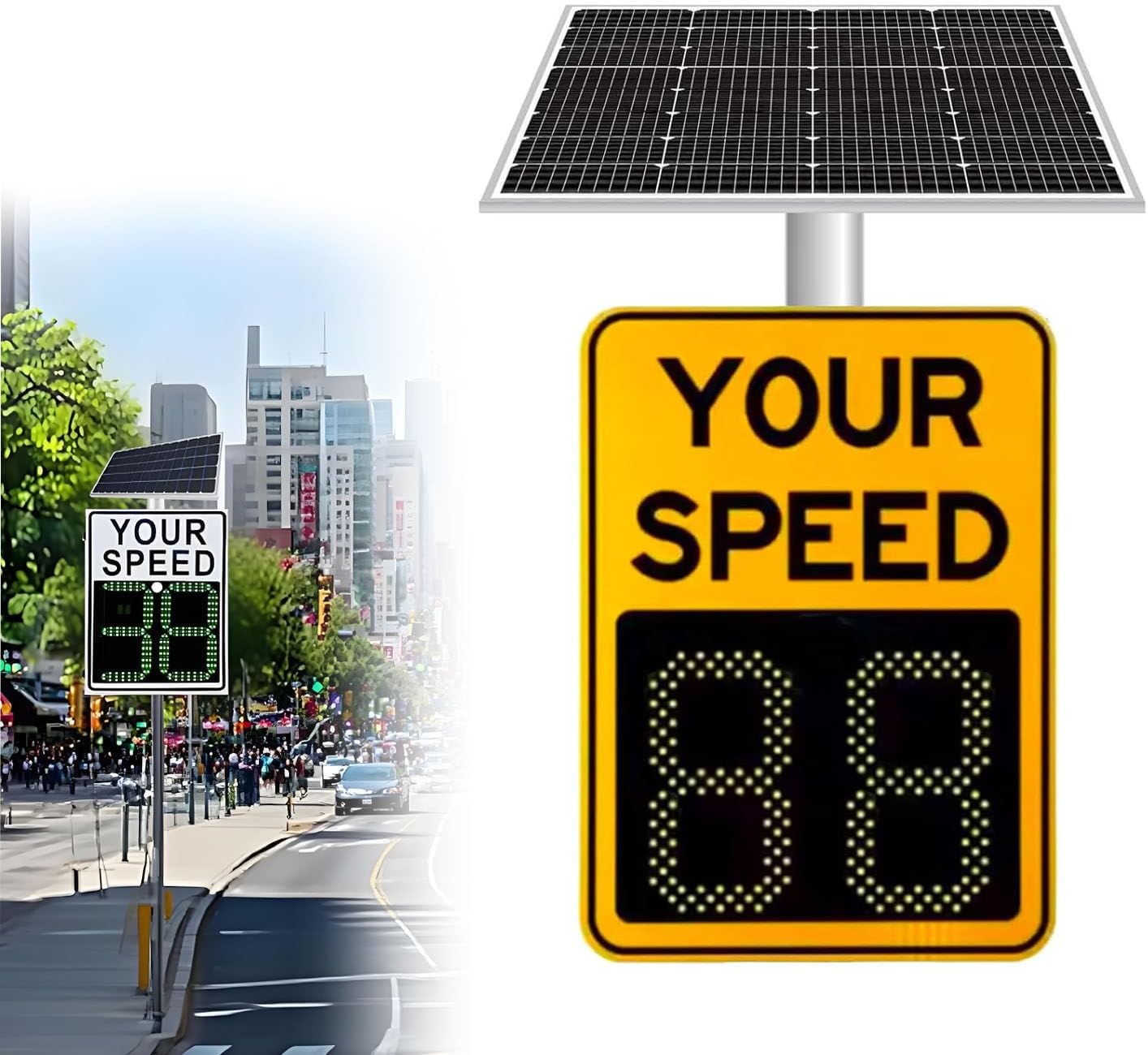 Solar Powered LED Radar Speed Limit Sign - Digital Speed Detector, Adjustable Yellow 600mm x 900mm, Eco-Friendly Traffic Control Solution for Enhanced Road Safety