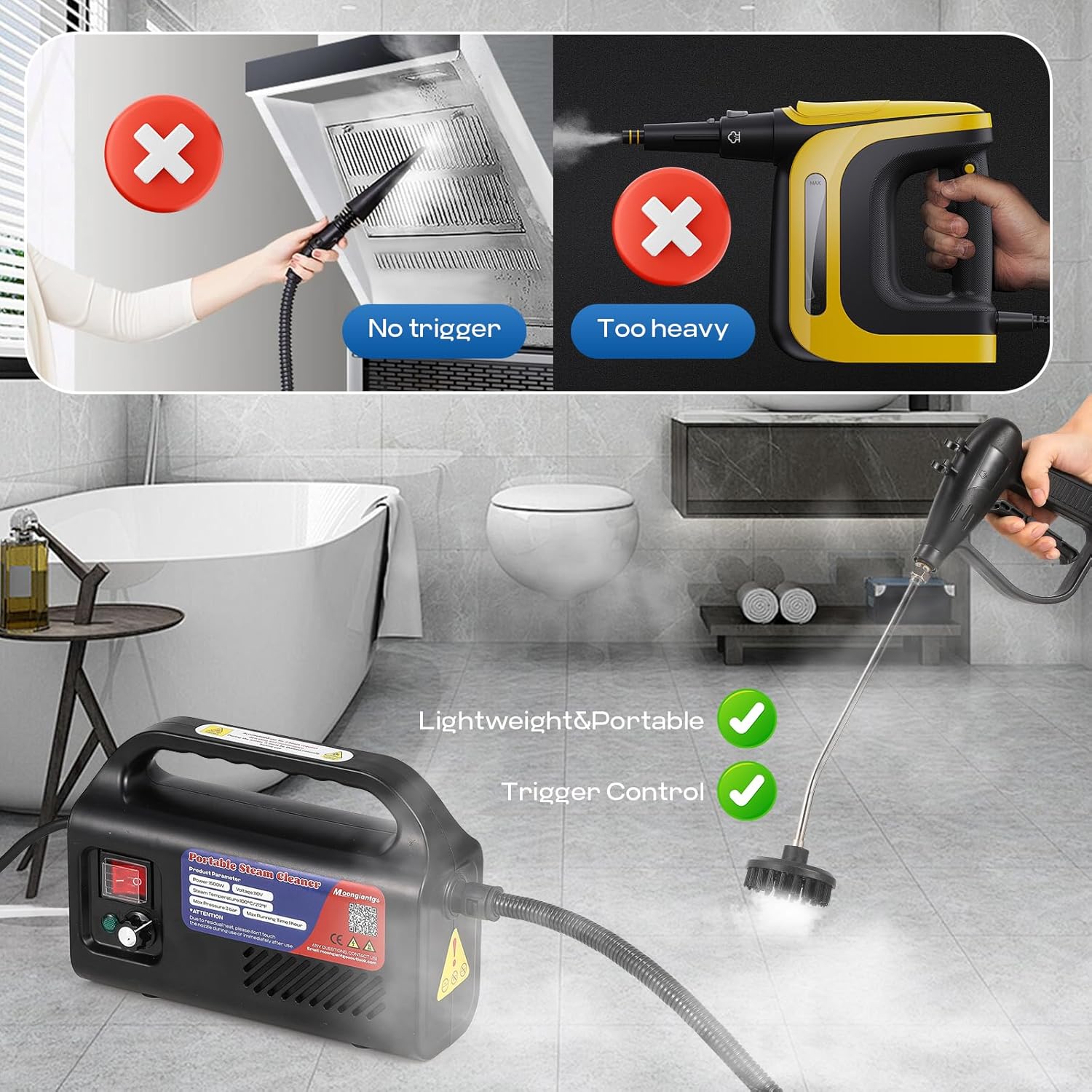 Moongiantgo Tankless Steam Cleaner with A Set of Replacement Brushes（Extra 4）