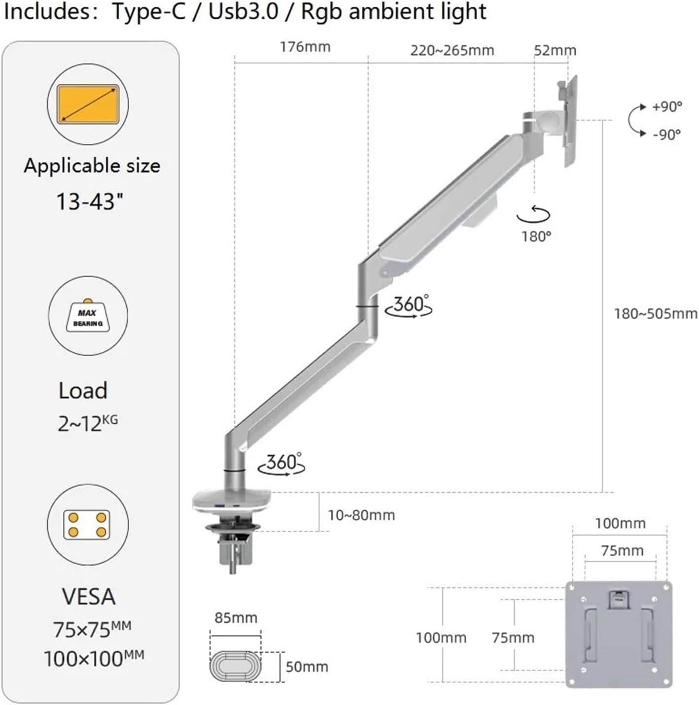 USB 3.0 Type-C 17-43 inch Desktop LED LCD Monitor Stand with Gas Spring for VESA 75*75 100*100 2-12kg A10(A10U USB3.0 Type-c)