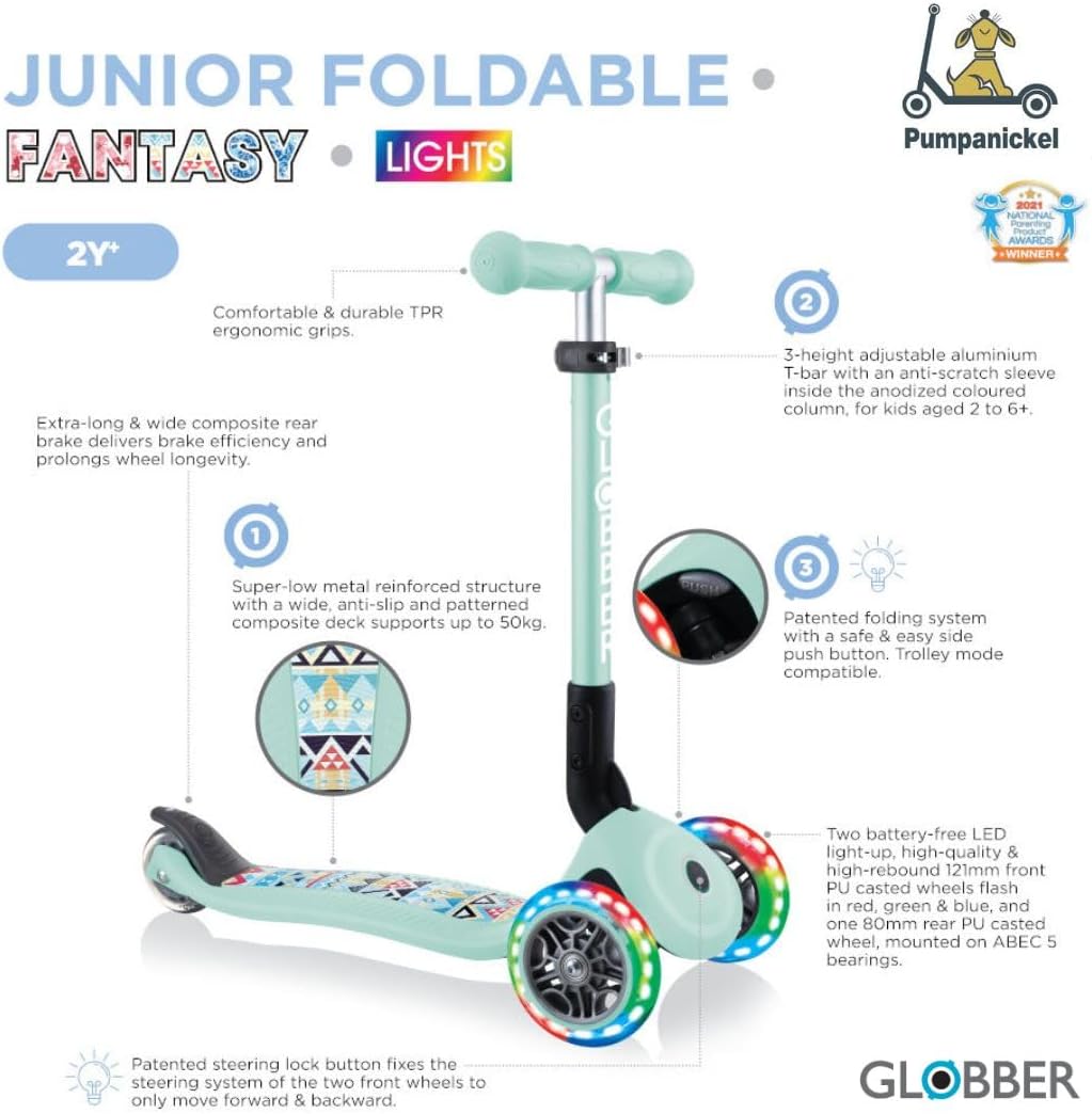 GLOBBER Junior Foldable Fantasy Lights – 120/80 mm ABEC 5 Scooter with 3 Wheels, LED Wheels, Pastel Blue