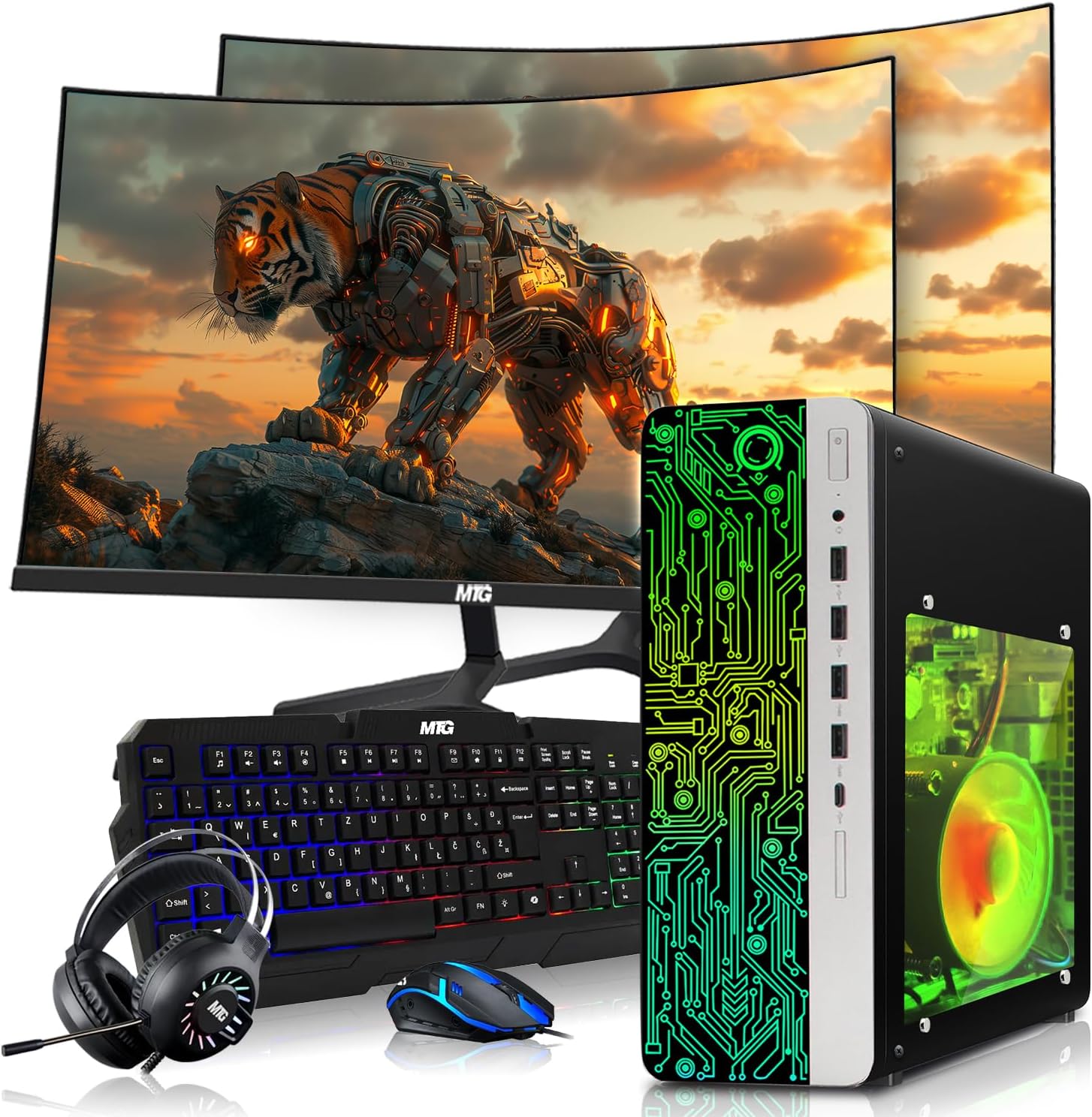 HP Gaming PC Desktop Computer – AMD Pro A10-9700,GT 1030 Graphics,16GB RAM,1TB SSD,Dual 27 Inch Curved Monitor,RGB Keyboard with AI Copilot,Mouse,WiFi,RGB Headphone,Windows 11(Renewed)