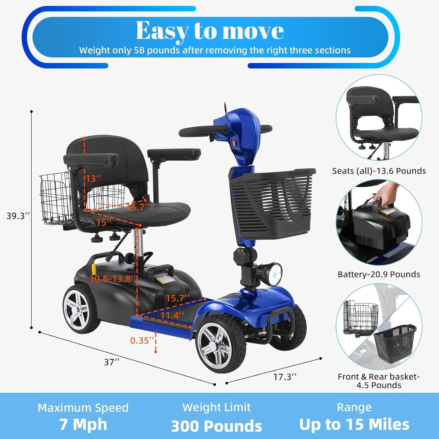 15-30 Miles 4 Wheels Mobility Scooter for Adults/Seniors, 350W Powered & 8/9″ tire Electric Wheelchair Device w/Removeable Battery, 2*Baskets/Rear Tail Lights, Compact Duty Mobile for Elderly