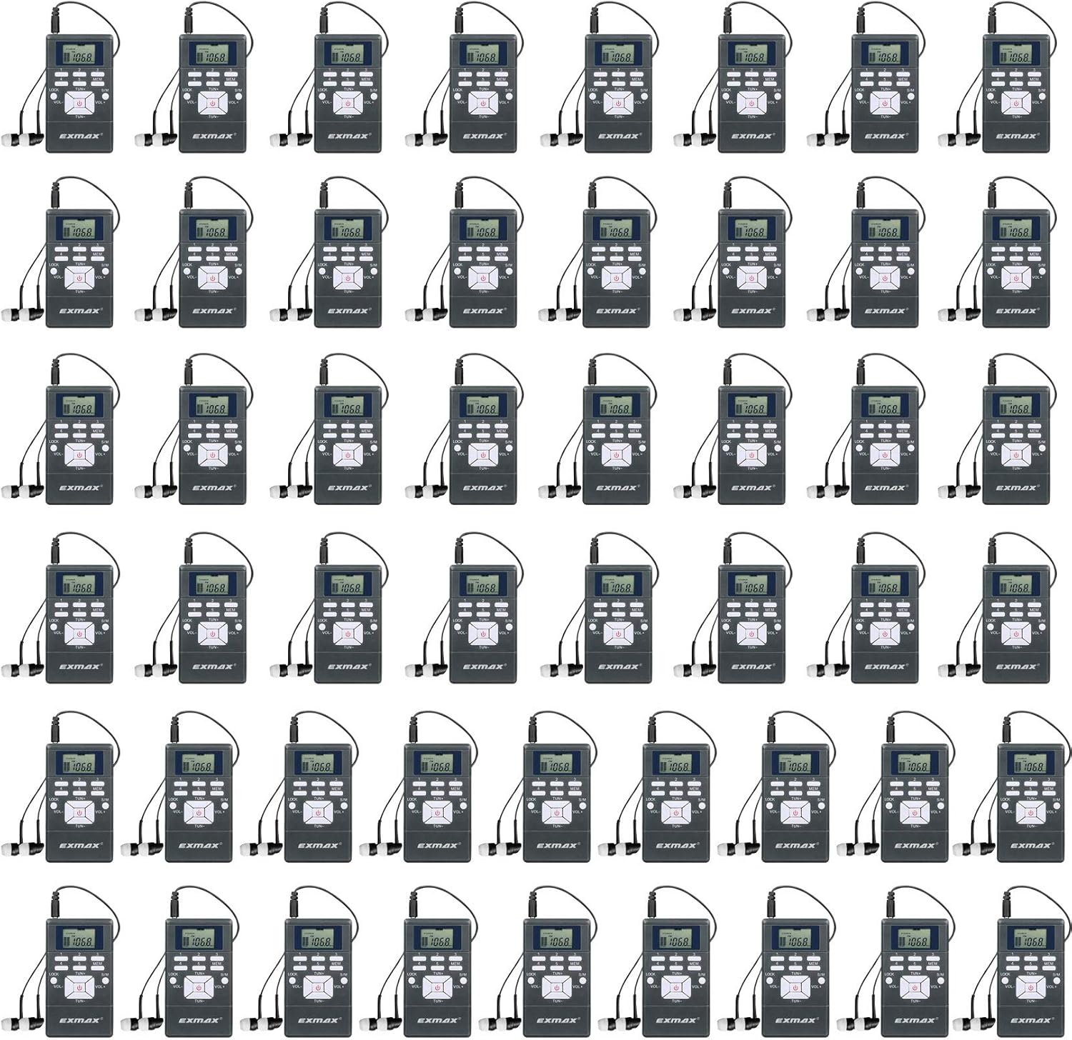 EXMAX EXG-108 Wireless Portable Pocket DSP FM Stereo Radio Digital Receiver with Mini LCD Clock Earphone for Tour Guide System Teaching Meeting - 50 Pack (Gray)