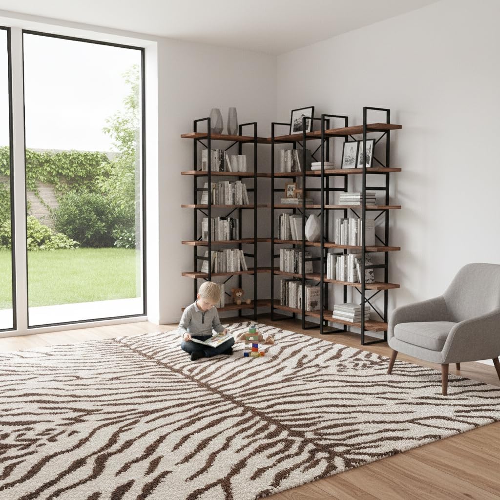 DAVEE Industrial L-Shaped Bookshelf, 5-Tier Corner Bookcase with Metal Frame, Rustic Wood Open Shelving for Living Room, Home Office, Modular Display Storage