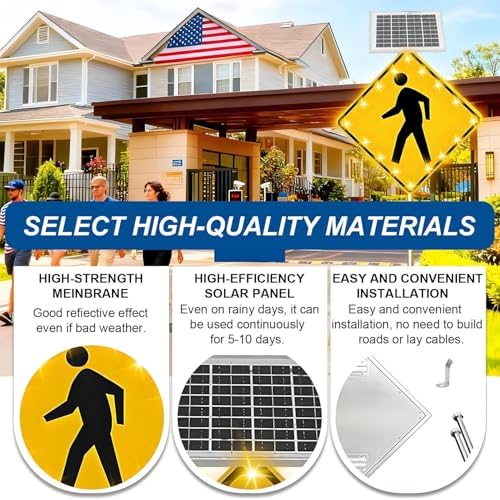 Solar LED Flashing Pedestrian Crossing Sign - 16 Bright LEDs, Weatherproof Aluminum IP65, 24-inch Road Traffic Warning Sign for Parks & Schools, Urban Safety Alert