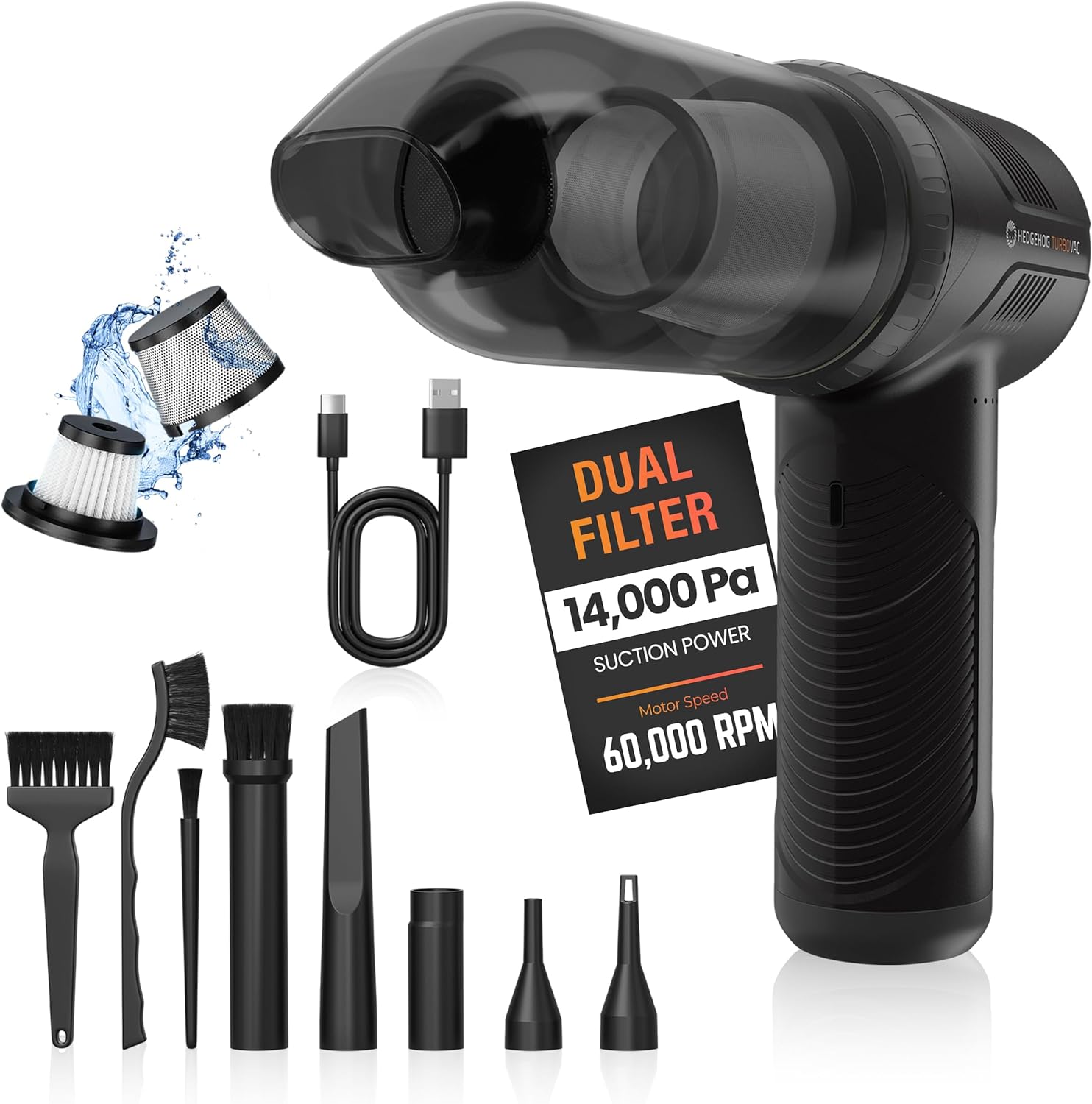 Hedgehog TurboVAC 3 in 1 Portable Car Vacuum Cleaner, Blower & Air Pump - Hand Held Vacuum Cleaner for Car with USB C Rechargeable, 14000PA Powerful Suction, Lightweight Dust Buster for Home & Outdoor