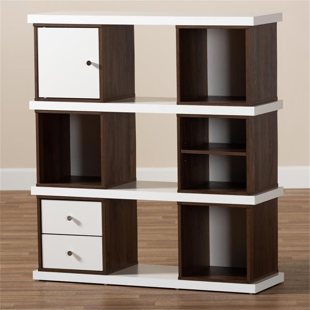 BOWERY HILL Modern Two-Tone White and Walnut Finished 2-Drawer Bookcase
