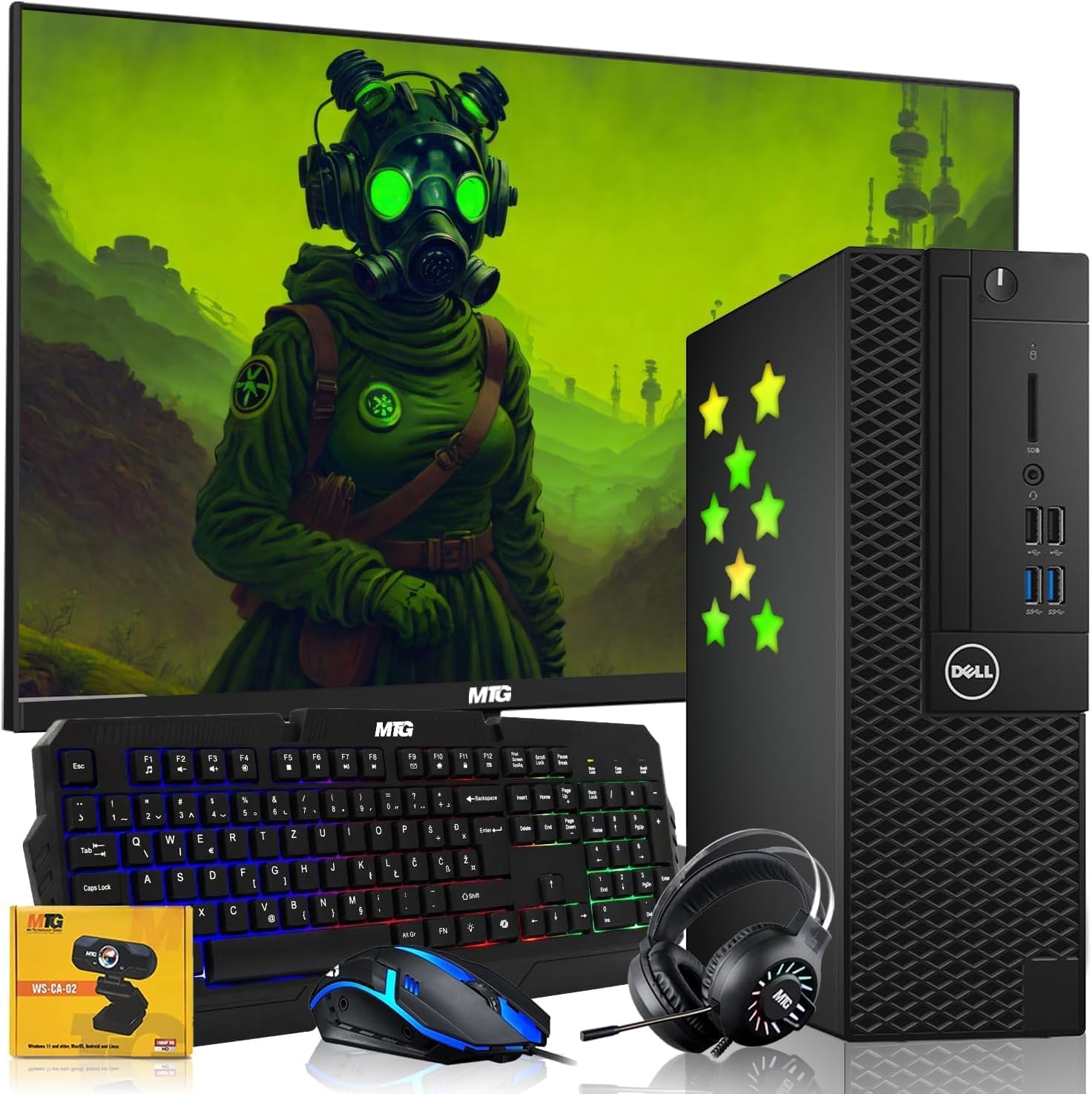 Dell Desktop PC Gaming Bundle - Intel Core i7, 16GB RAM, 512GB SSD, 27-inch Monitor, GT 1030, RGB Keyboard with AI-Enabled Copilot Key, Mouse, RGB Headphone, Webcam, Wi-Fi, Windows 11 Pro (Renewed)