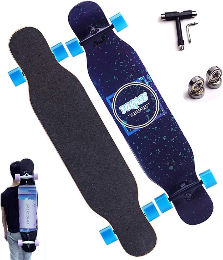 Longboards Skateboard Complete Board 107×26cm 9 Layers of Maple Double Kick Cruiser Skateboard ABEC-11 Bearings for Outdoors Freeride Commuting Cruising with T-Tool + Spare Bearing + Backpack (A)