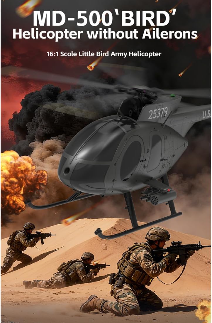 F119S MD500 Little Bird RC Helicopter with GPS, 1/16 Scale 9CH Military Helicopter Aircraft, Optical Flow, Adjustable Throttle, 6G/3D & Openable Cockpit for Hobbyists (Black 3 Battery)