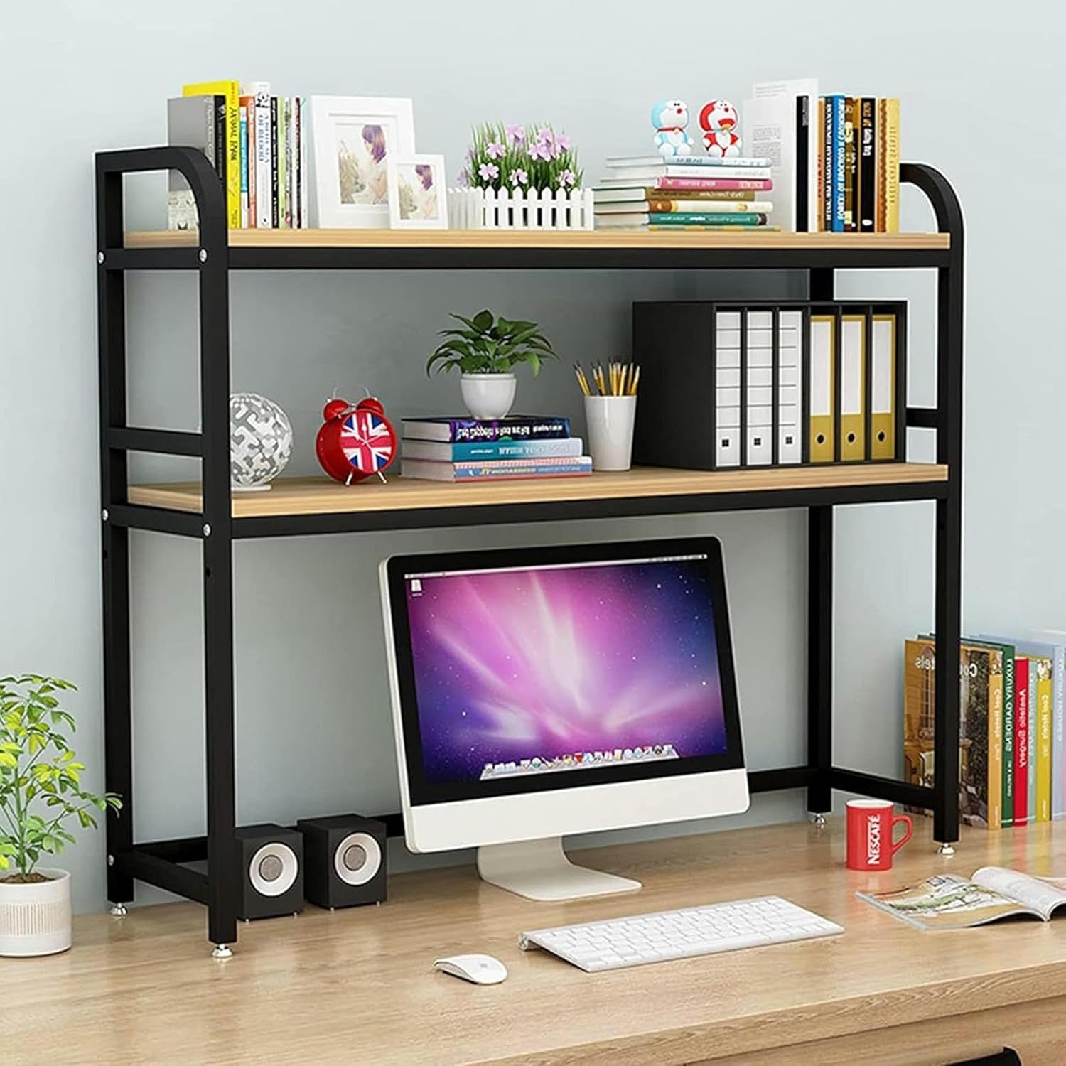 2 Tier Desktop Bookshelf / Bookcase - Computer Desk Bookshelf Hutch, Office Storage Rack, Multipurpose Wood Countertop Hutch Bookshelf, Adjustable Display Shelf Rack Organizer, for Dorm Office ( Color