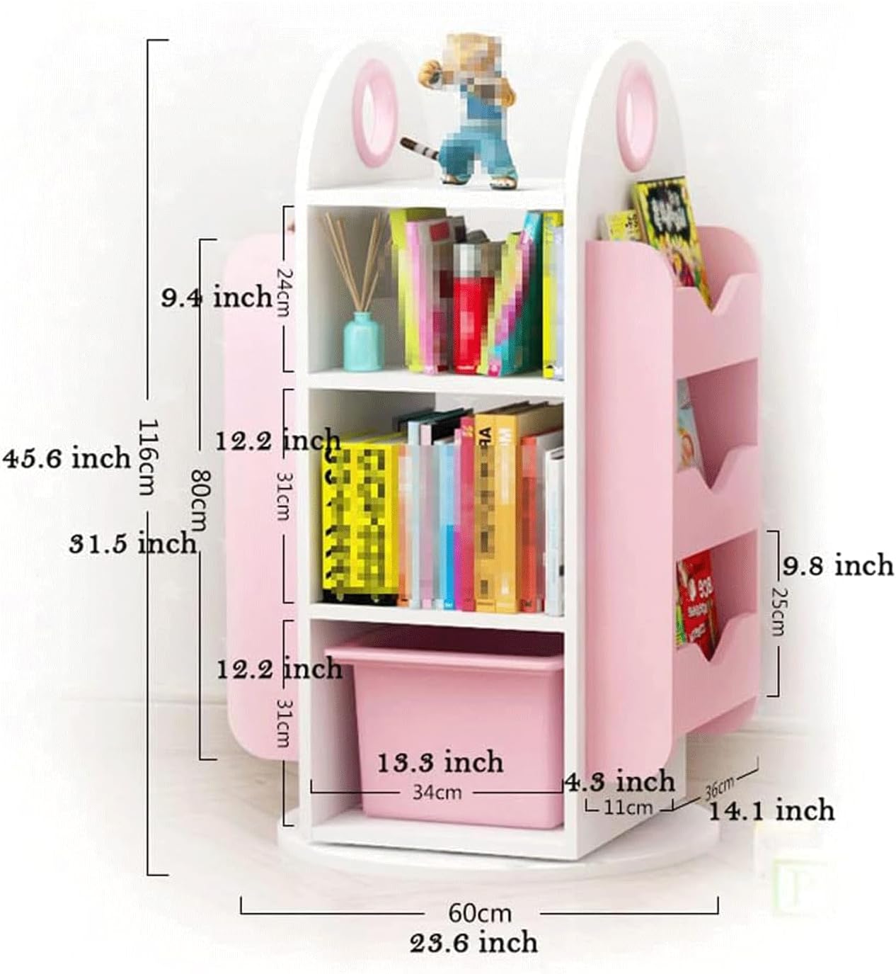 Interesting Bookshelf Small Bookshelf Creative 360° Kids Rotating Bookshelf Solid Wood Eco Board Bookshelves with Ring Handle Design Rack Bookcase Solid and Stable