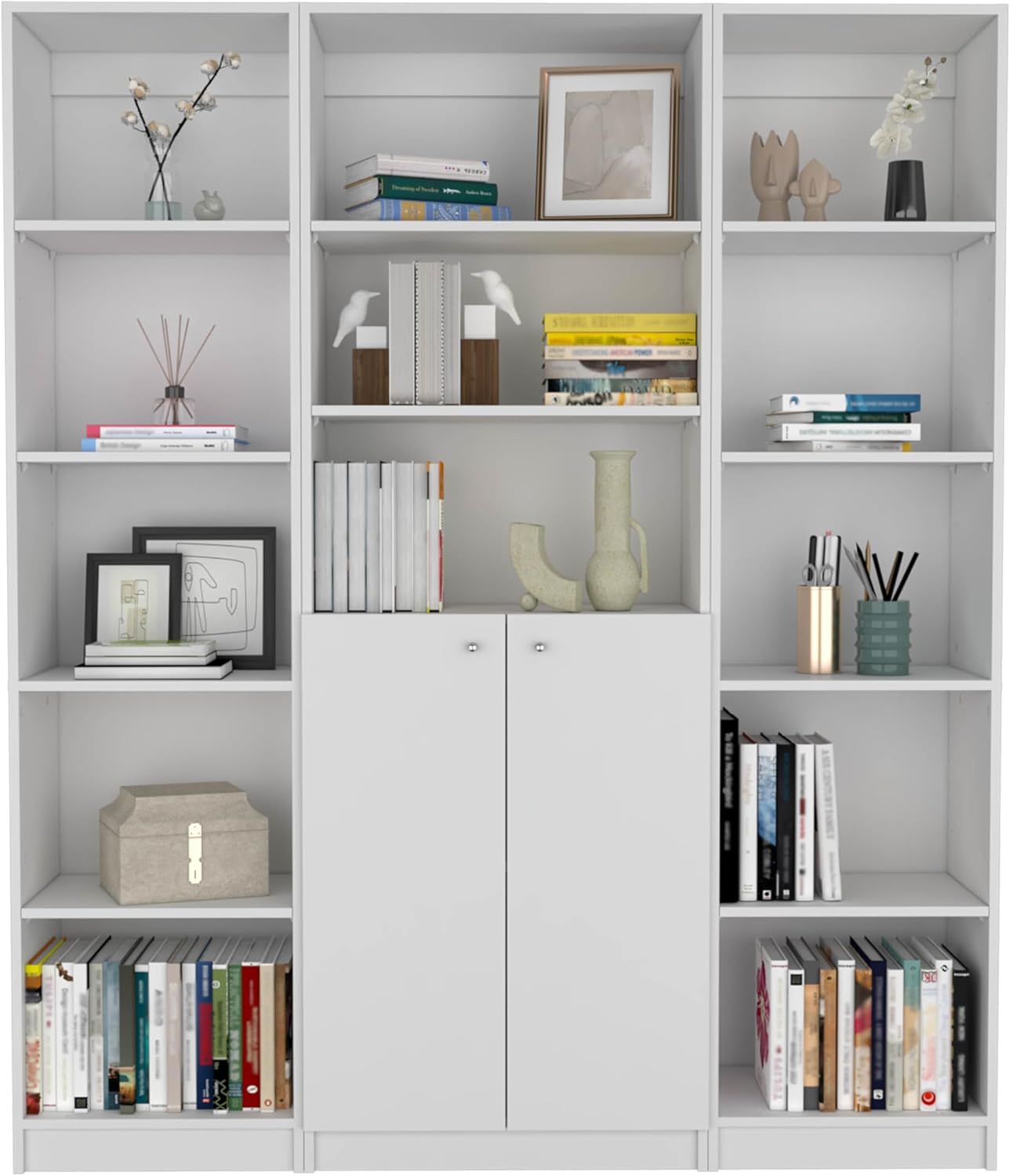 agnixnaf White Finish Bookcase Set of 3 with 10 Shelves, Lower Double Door, Rectangular Bookshelves, Modern, for Office, Bedroom, Living Room, Study Room
