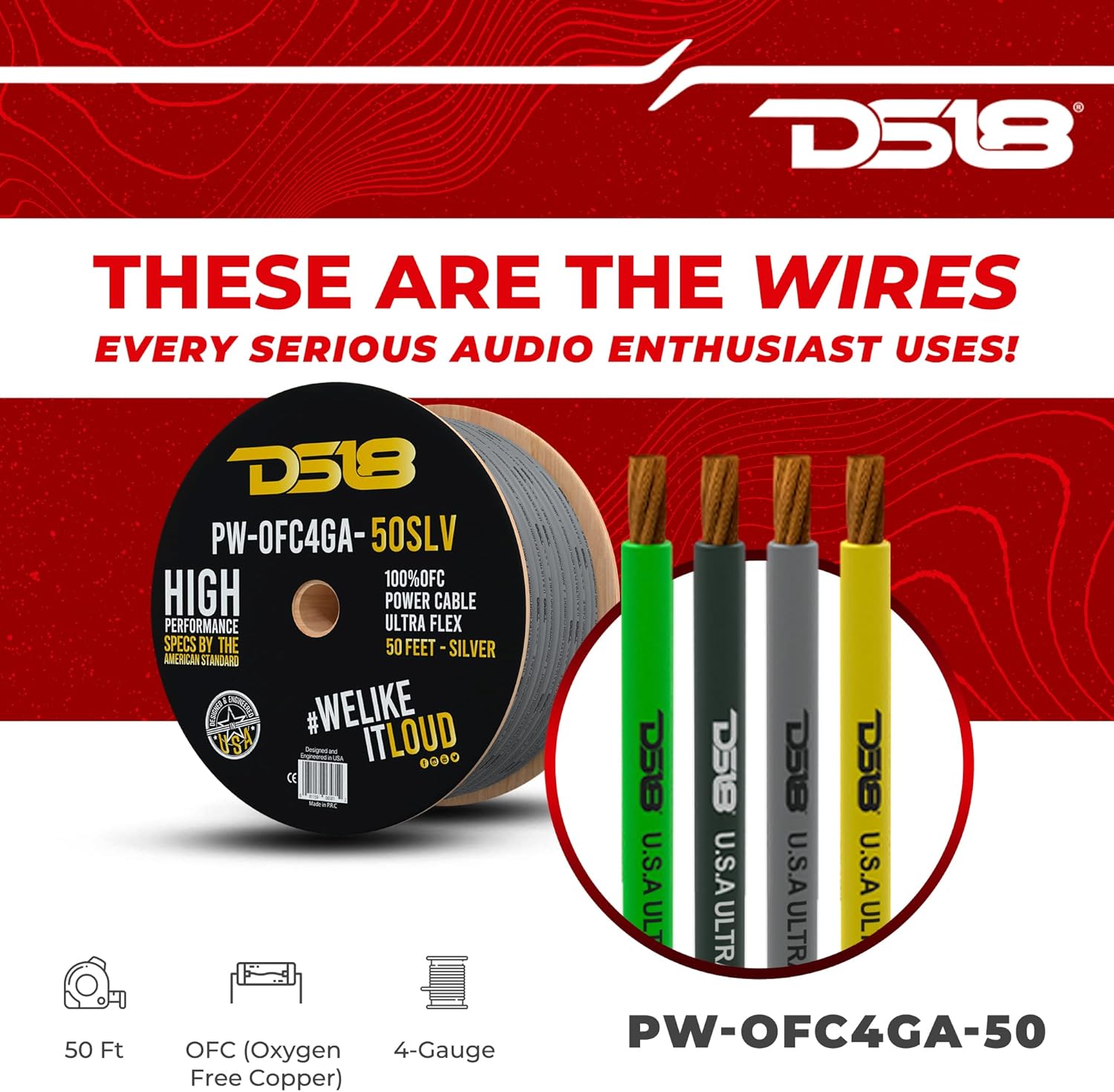 DS18 PW-OFC4GA-50RD 4-GA Ground Power Cable 50 Feet RED Ultra Flex 100% Oxygen Free Copper - Welding Battery Cable Wire