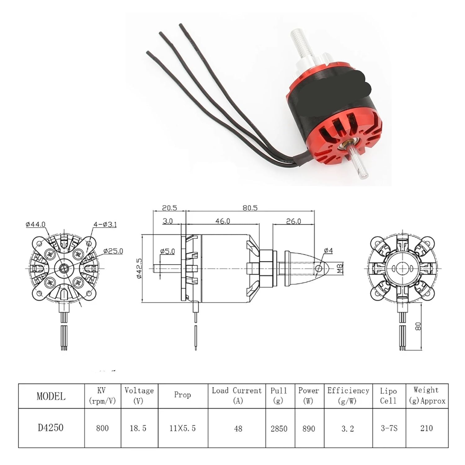 4250 800KV 600KV Outer Rotor Brushless Motor 3-7S(600KV)
