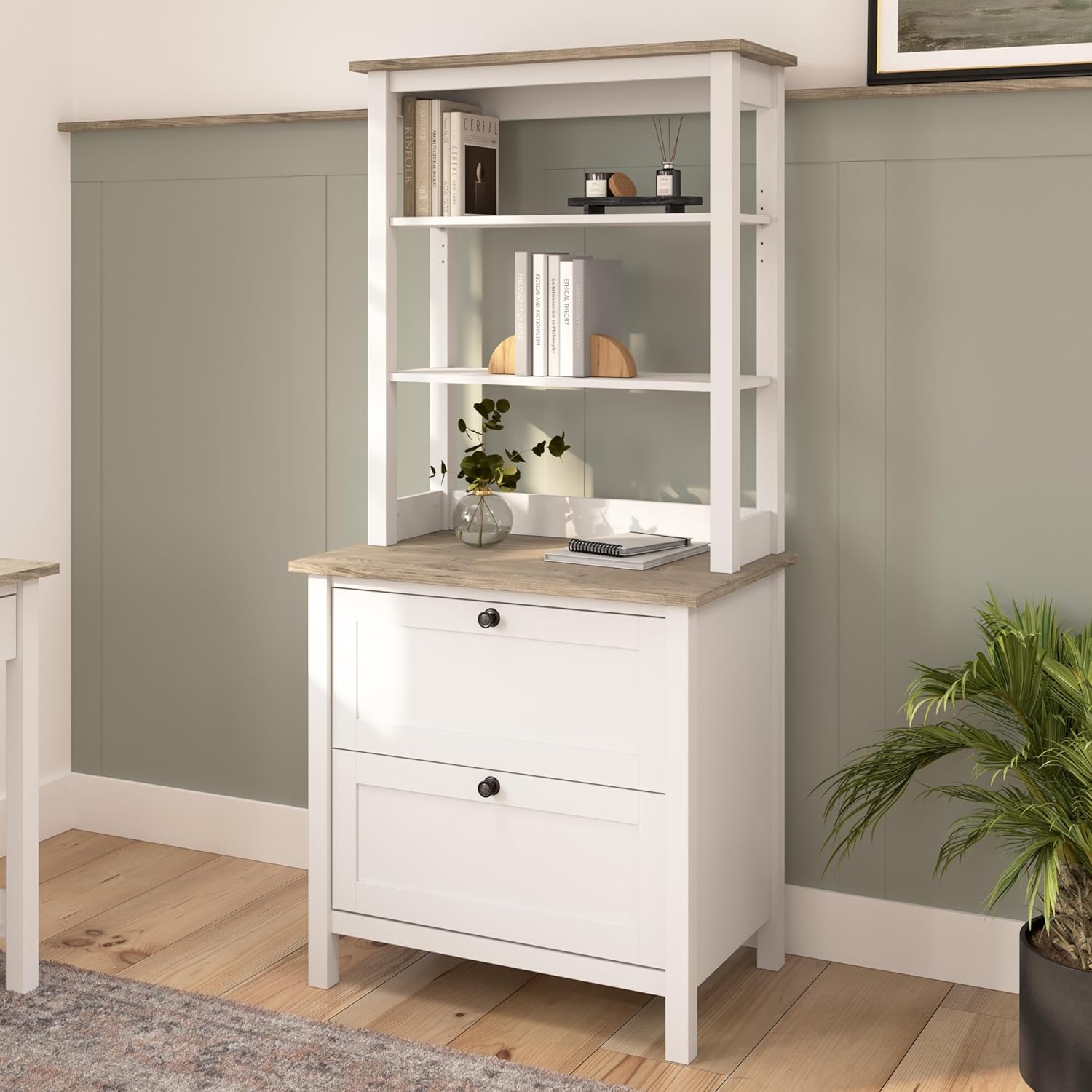 Bush Furniture Mayfield Bookcase with Drawers in Pure White and Shiplap Gray