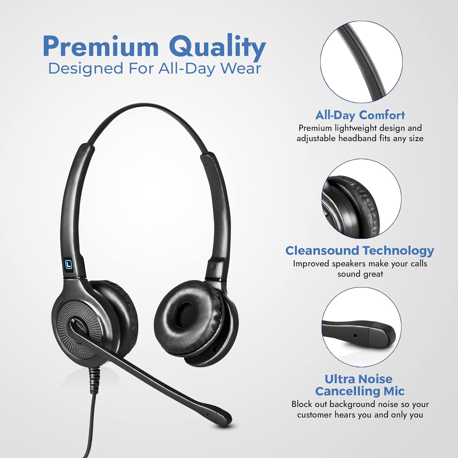 Leitner LH245 Dual-Ear Corded Telephone Headset with 2.5mm Connector for Cordless Home Telephones - Includes 5-Year Warranty