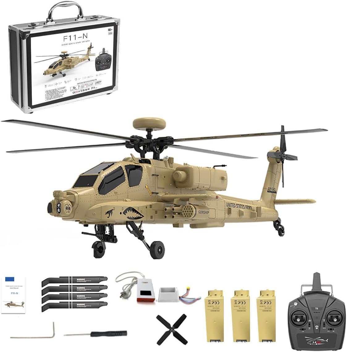 1/32 F11-N AH64 RC Helicopter for Adults, 2.4G 6CH Coaxial Dual Rotor 6G/3D Military Remote Control Helicopter with Optical Flow Altitude Hold, RC Aircraft Model Gift -RTF