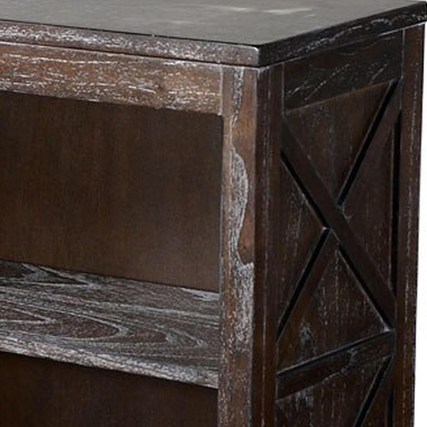 Benzara Sofi Small Bookcase- X Cross Panels- 2 Shelves- Dark Brown Veneer