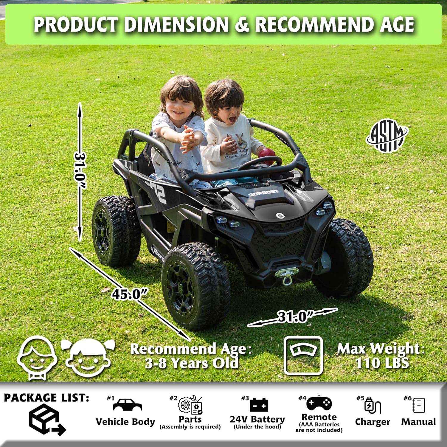 sopbost XL 24V 10Ah 2-Seater Ride On Toys for Big Kids, Kid's Electric Vehicle W/Remote Control, Bluetooth Music, 4WD Car for Kids to Drive, EVA Tires - Black