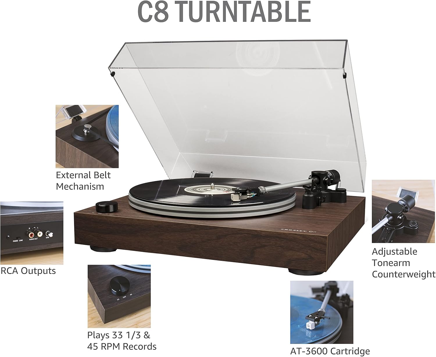 Crosley C8A-WA Belt-Driven Record Player Turntable with Built-in Pre-Amp