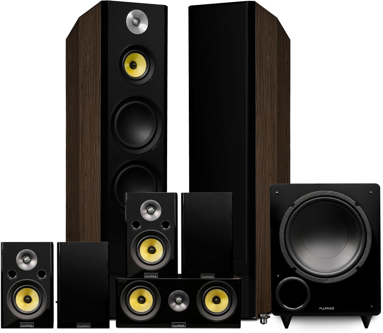 Fluance Signature HiFi Surround Sound Home Theater 7.1 Speaker System Including 3-Way Floorstanding Towers, Center Channel, Surrounds and Rear Surrounds and DB10 Subwoofer - Natural Walnut (HF71WR)