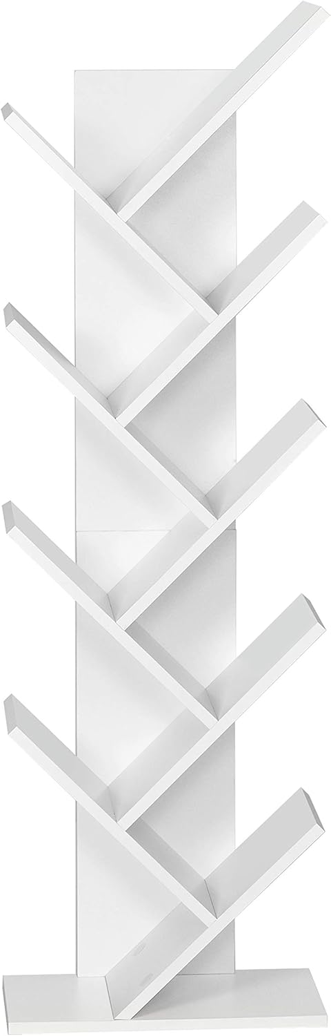 Meerveil 9-Tier Floor Standing Tree Bookcase, Bookshelf Wooden for Books Magazine CDs in Living Room Home Office Modern White