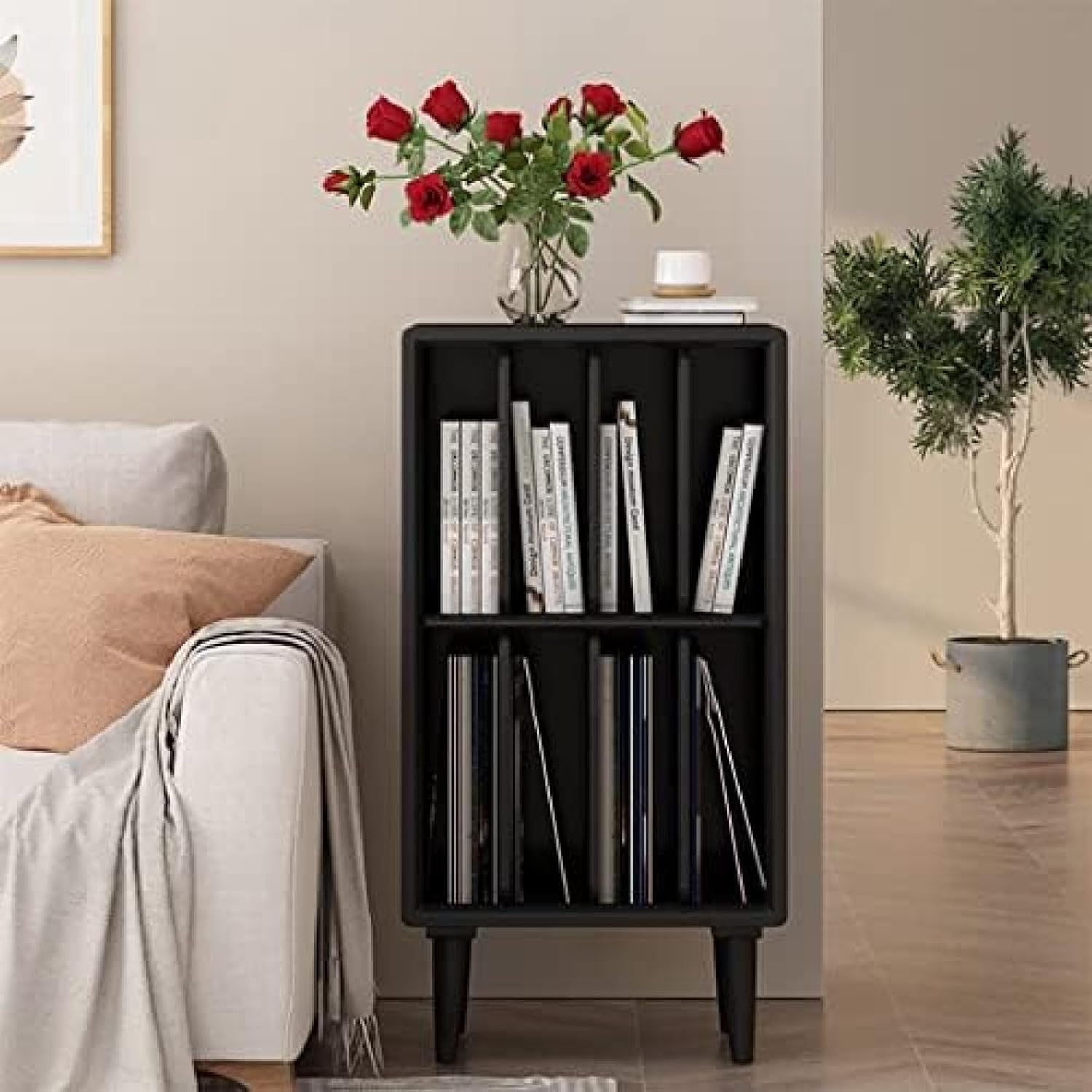 Pine Wood Record Cube 2 Shelves Bookcase, Vinyl Storage Cube Vintage Turntable Stand Shelf 4 Storage Records, Fits 140 LP Records, 45*32*89cm, Black