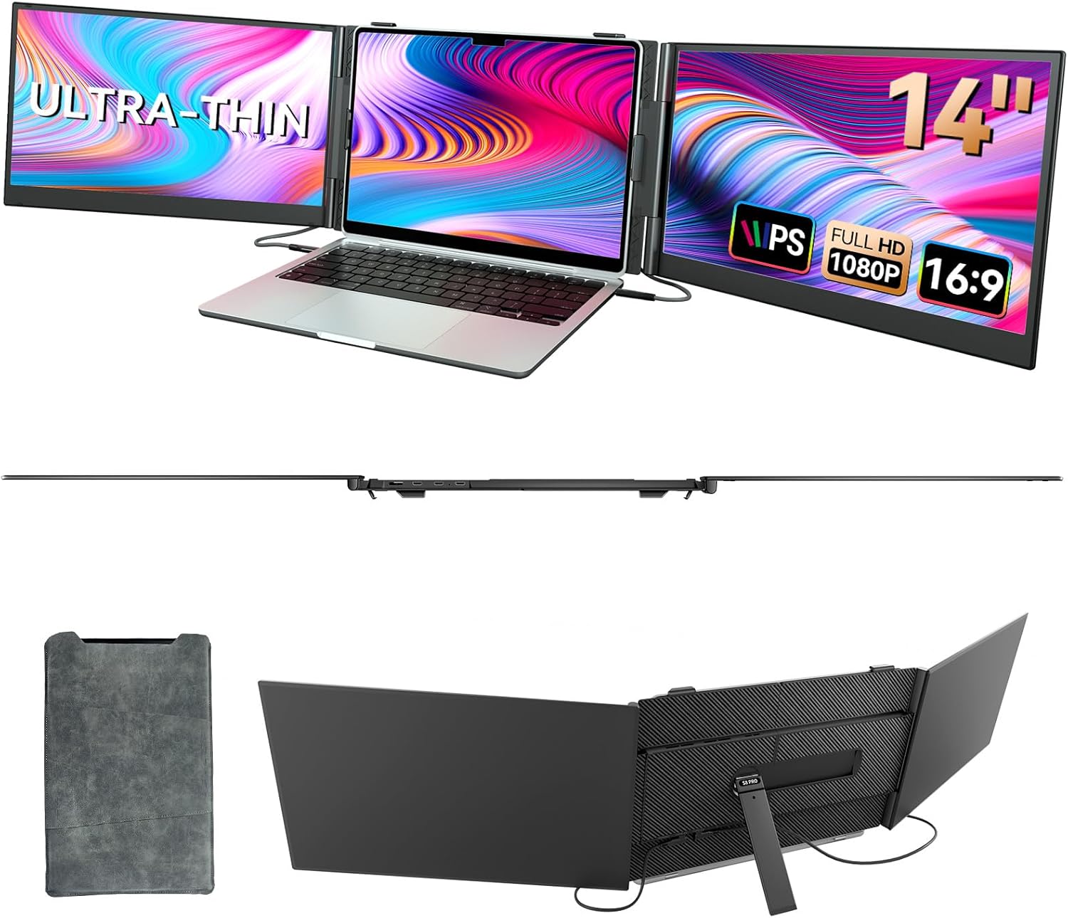 Laptop Screen Extender Monitor - 14 Inch Portable Triple Thin Monitors IPS FHD 1080P HDMI/USB-A/Type-C for 13