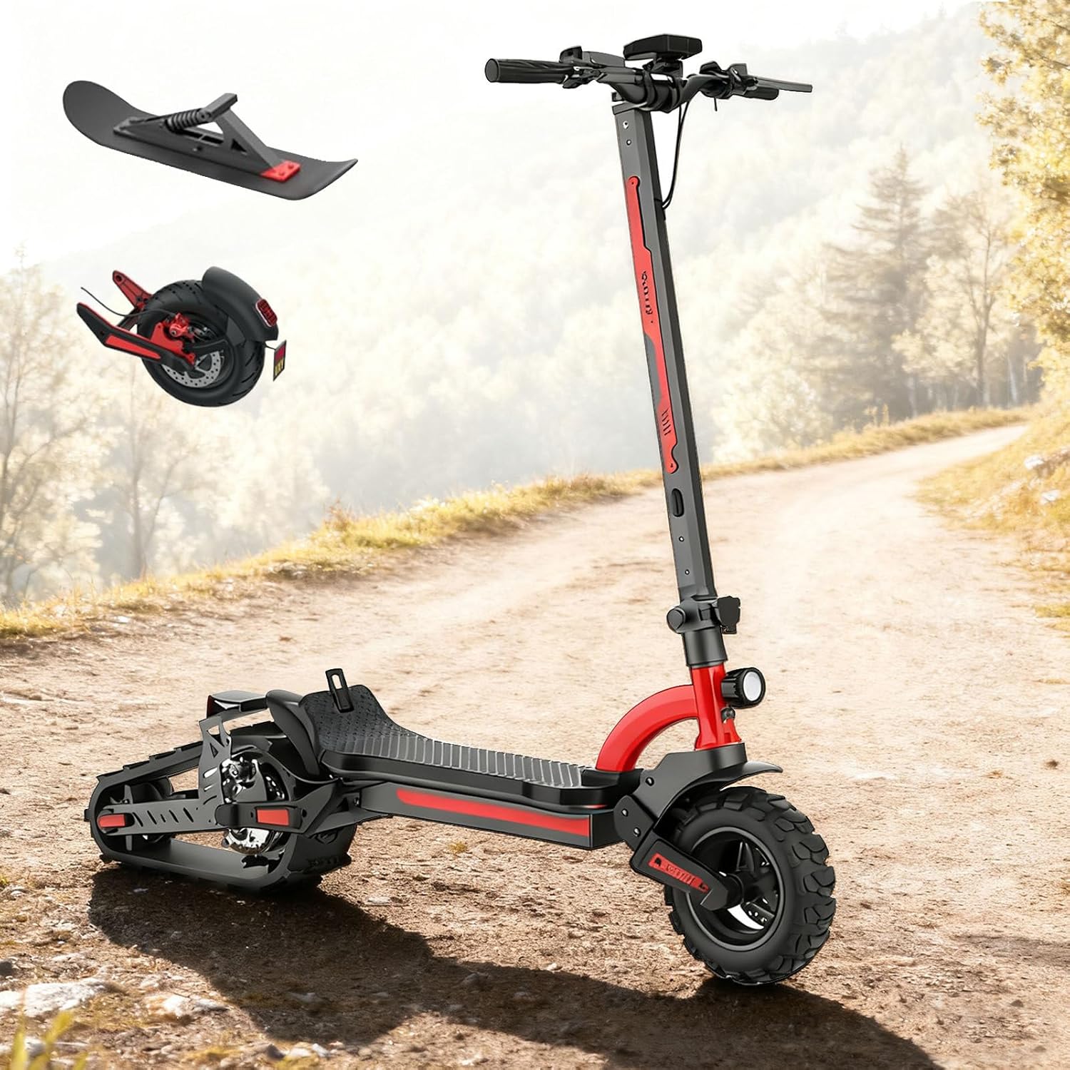 80KM Long-Range E-Scooter - 2000W Foldable Scooter for All-Terrain, Snow & City Commuting, 25~35KM/H, 120KG Max Load (with Wheels, Track & Skis) AllTerrain