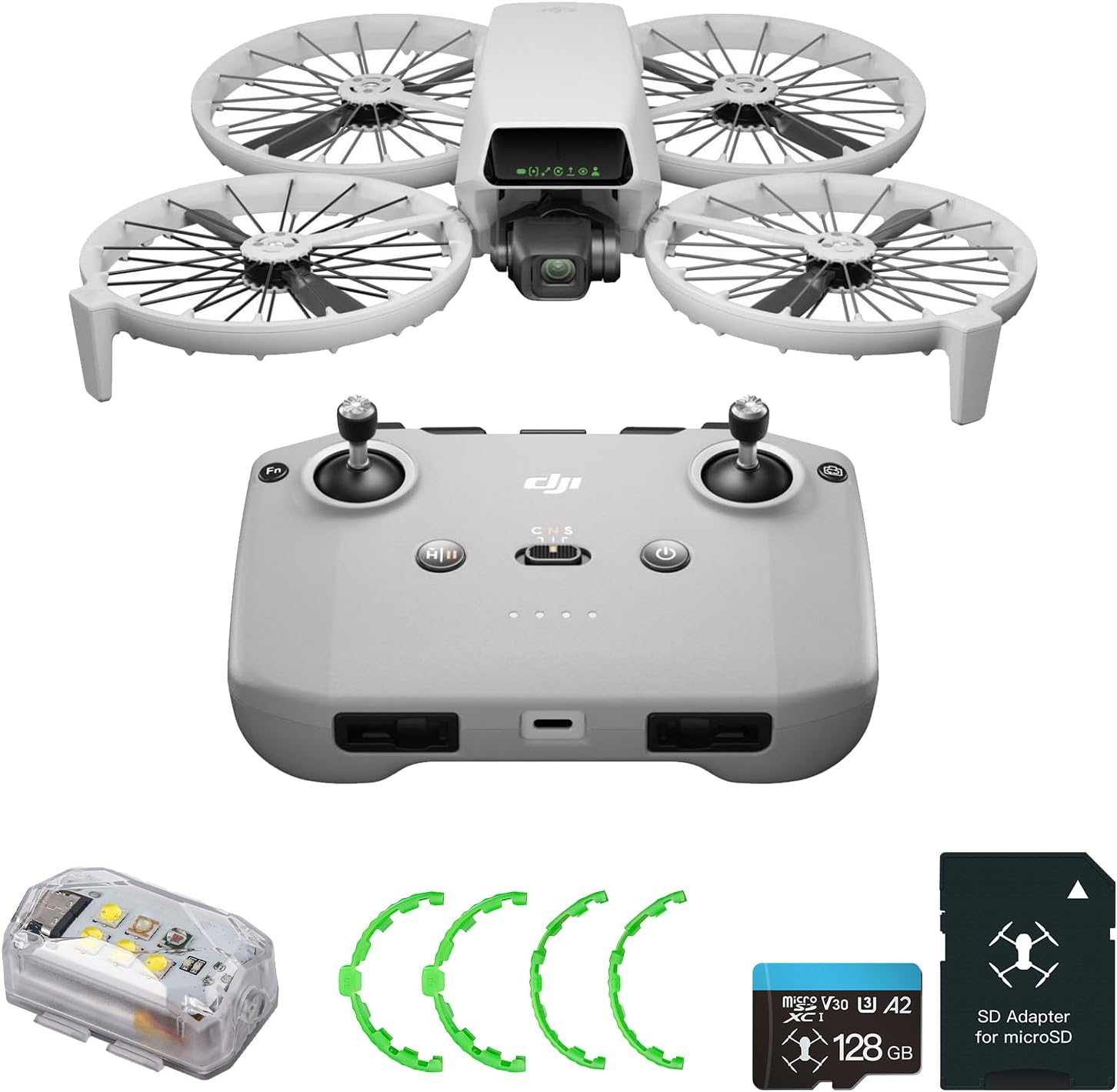 DJI Flip (RC-N3) Bundle with 128GB Micro SD Card& Propeller Guard Ring& Strobe Light - Drone With 4K UHD Camera for Adults, Under 249g, Palm Takeoff, Auto Return, 31-Min Flight Time