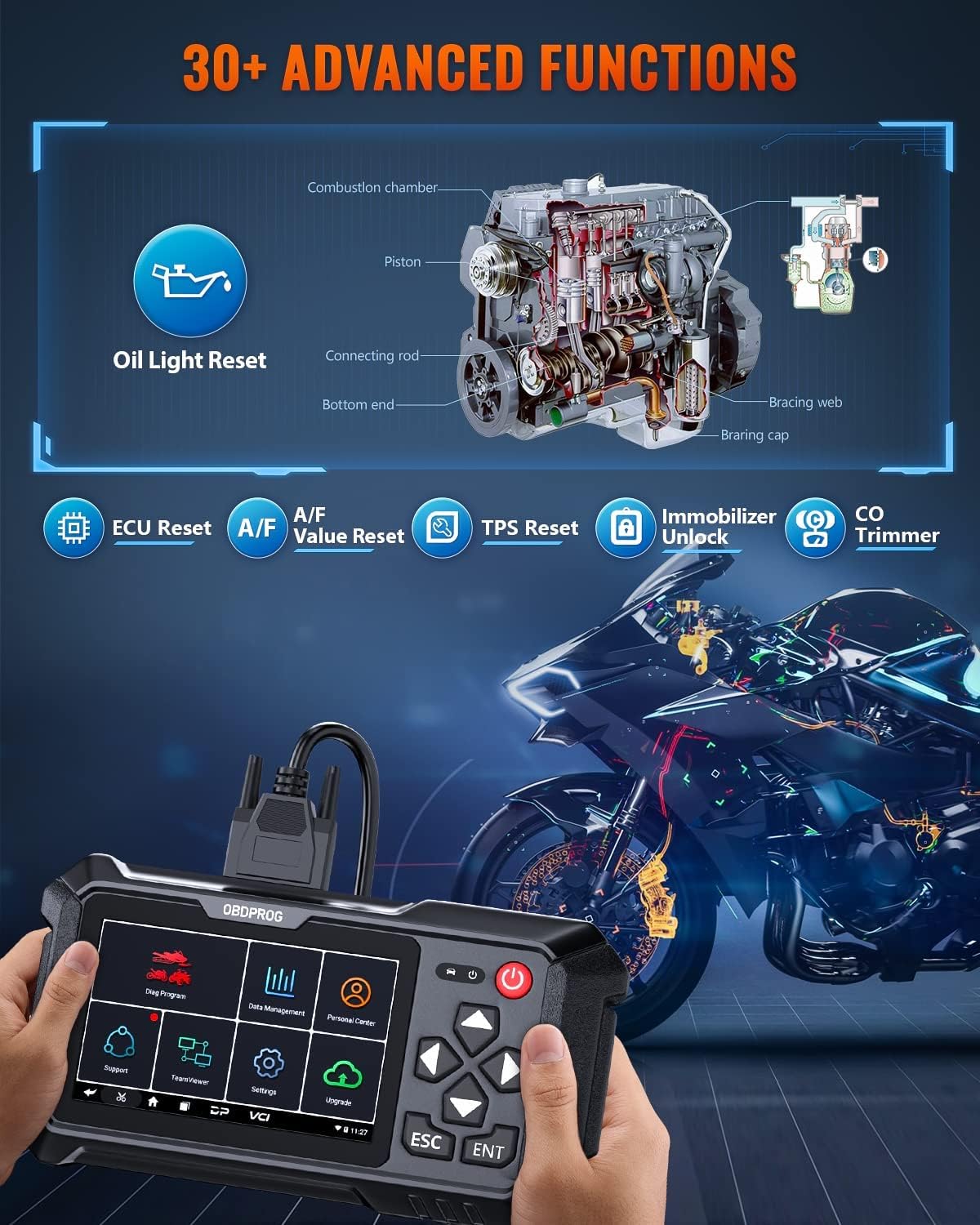 OBDPROG Moto 100 Pro Motorcycle Full-System Diagnostic Tool, Quick Service Resets, Active Tests & Advanced System Functions, Fits for BMW, Honda, Yamaha, KTM, Triumph & Ducati