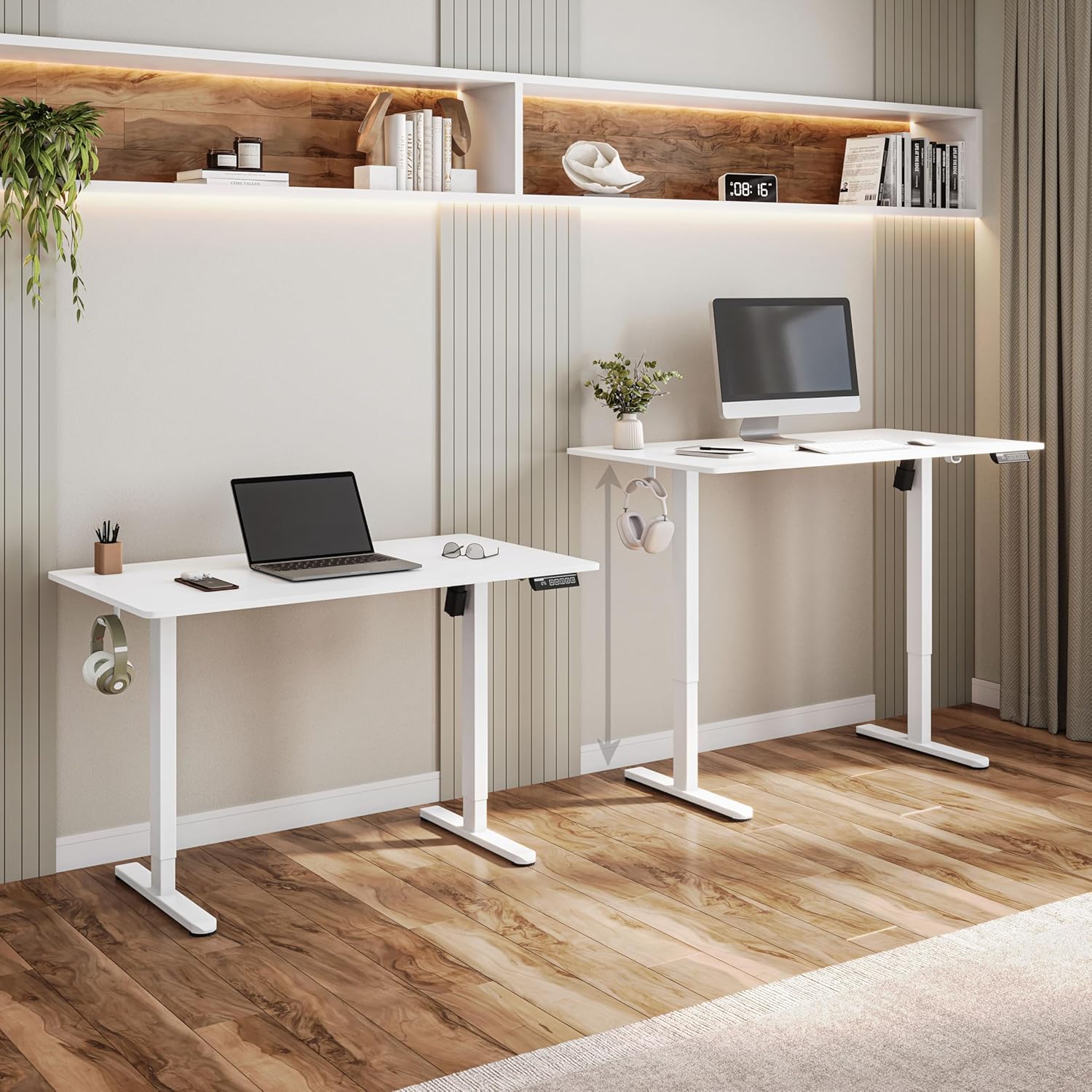 Techni Mobili 47.25” W Electric Standing Desk, Height Adjustable Sit-to-Stand Desk with 3 Memory Presets and Dual Accessory Hooks, Computer Workstation for Home or Office (White)